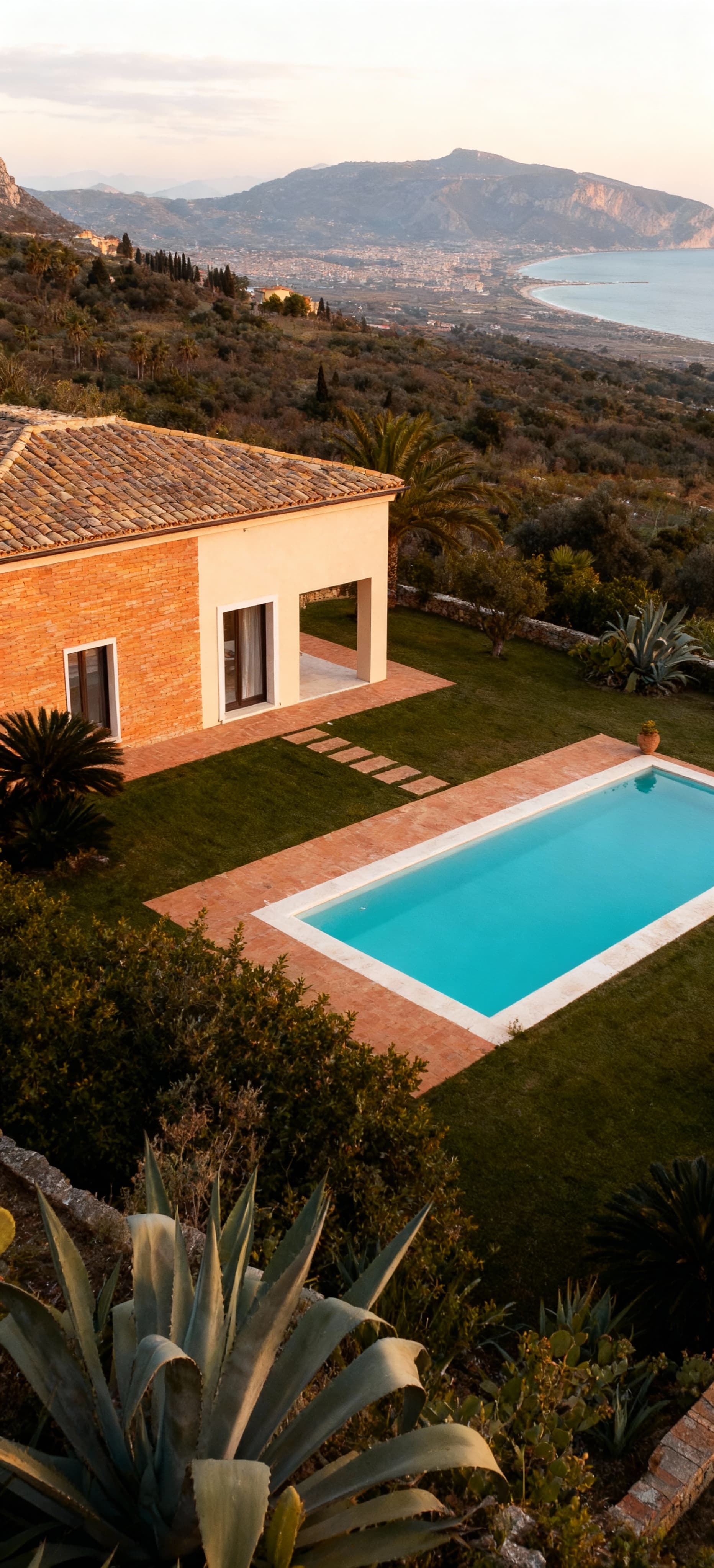 Villa con piscina a Messina, immersa nel paesaggio siciliano, con vista sullo Stretto e giardino di piante locali.