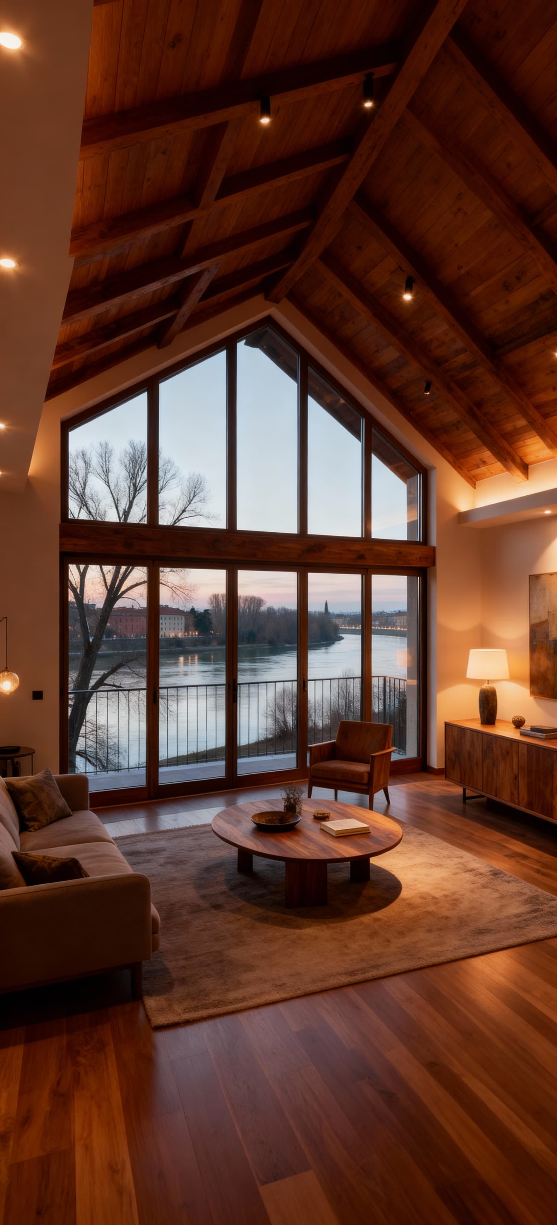 Attico panoramico a Pavia con vista sul fiume Ticino, arredato con eleganza e luce invernale morbida.