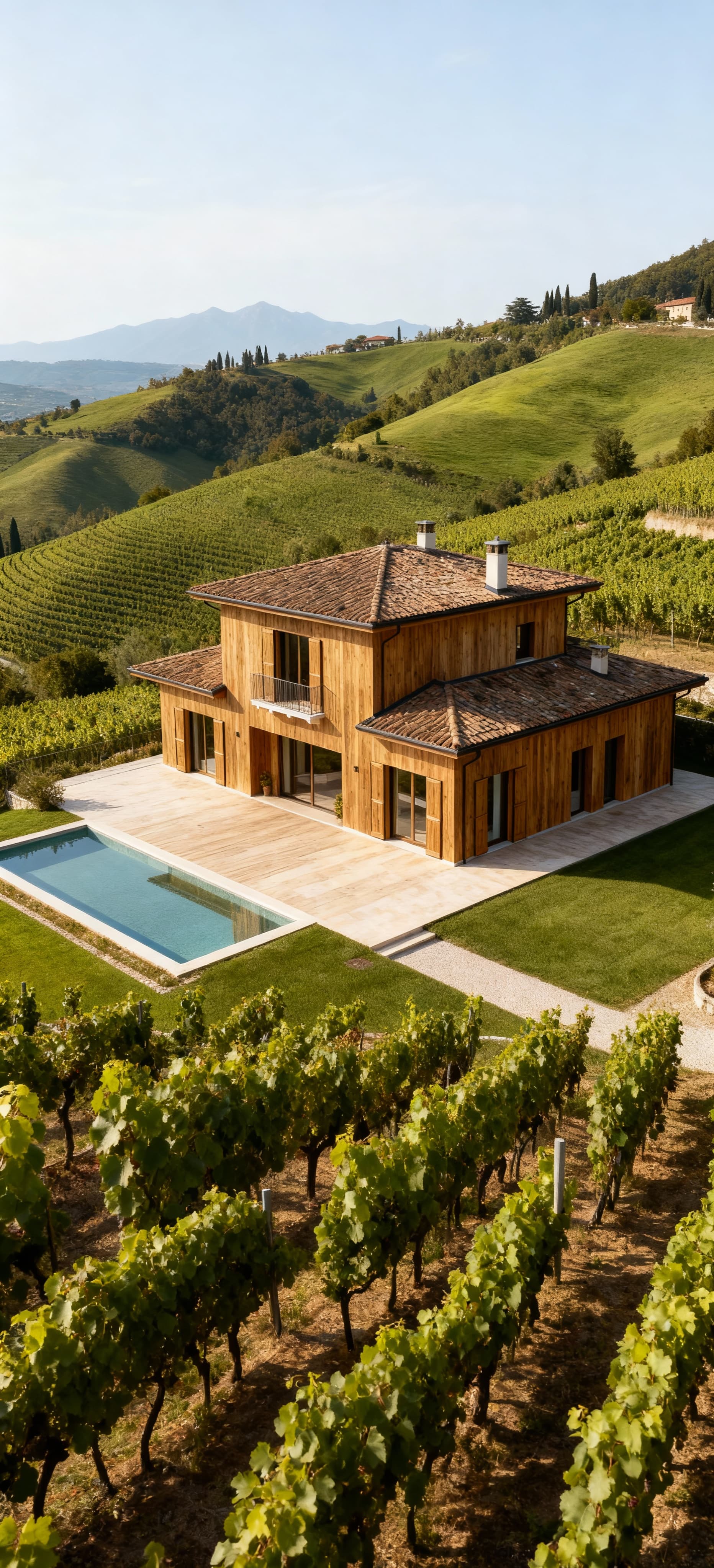 Villa elegante a Verona circondata da colline verdi e vigneti, con finiture in legno naturale e ampie terrazze panoramiche.