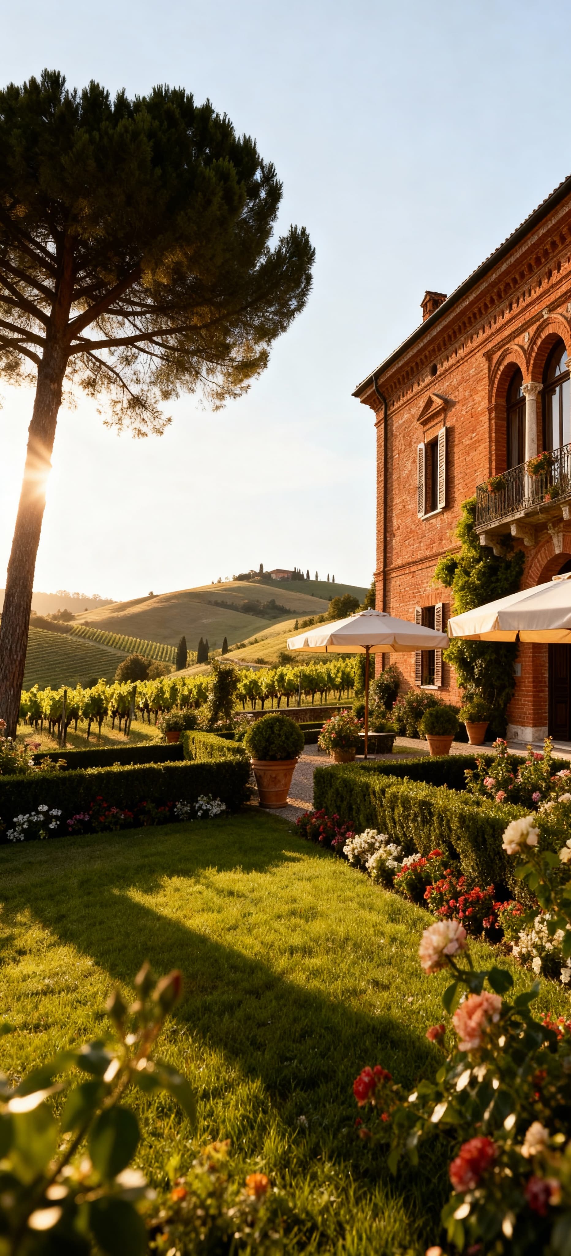 Villa storica a Lodi con architettura in mattoni e giardino, circondata da colline e vigneti, appare serena al mattino.