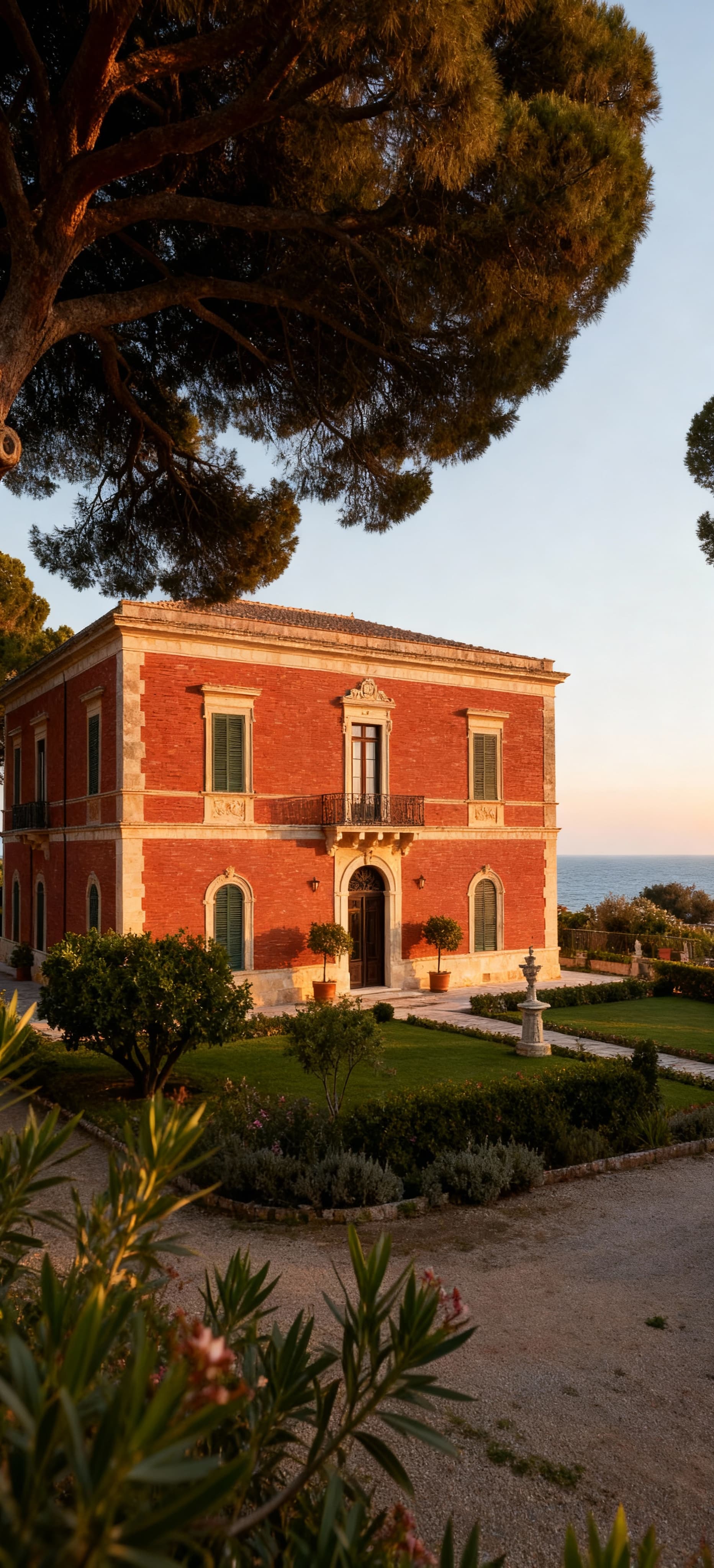 Villa storica a Trapani, con facciata in mattoni rossi, giardino curato e vista mare nel calore del pomeriggio.