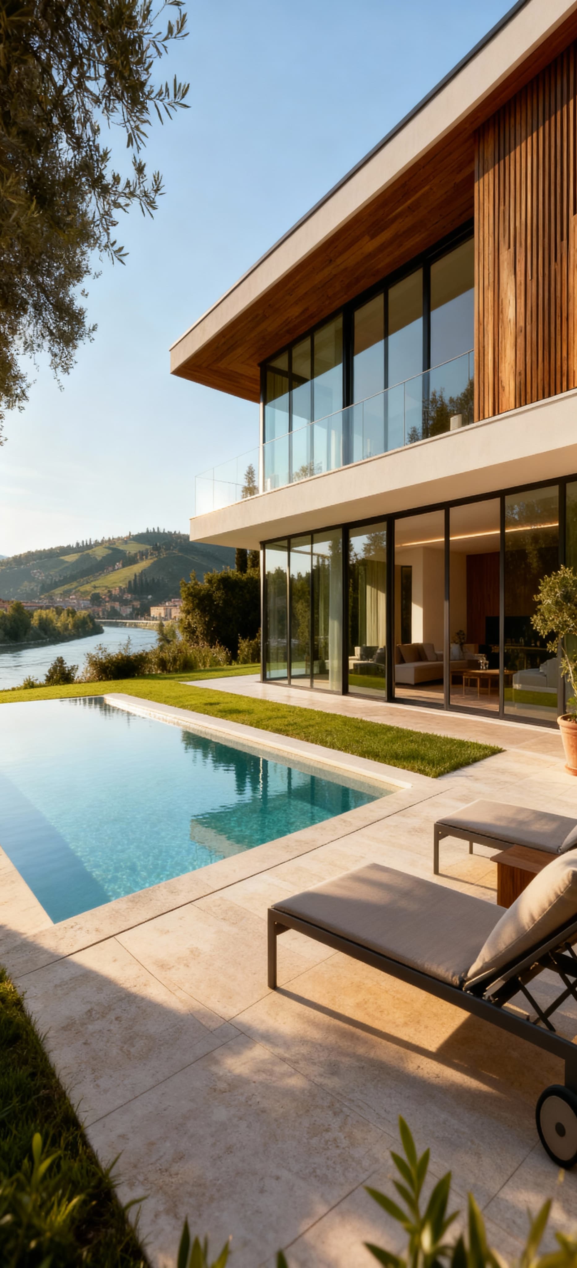 Villa moderna a Verona con facciate in vetro e legno, circondata da giardino e piscina, panorami del fiume Adige e colline.