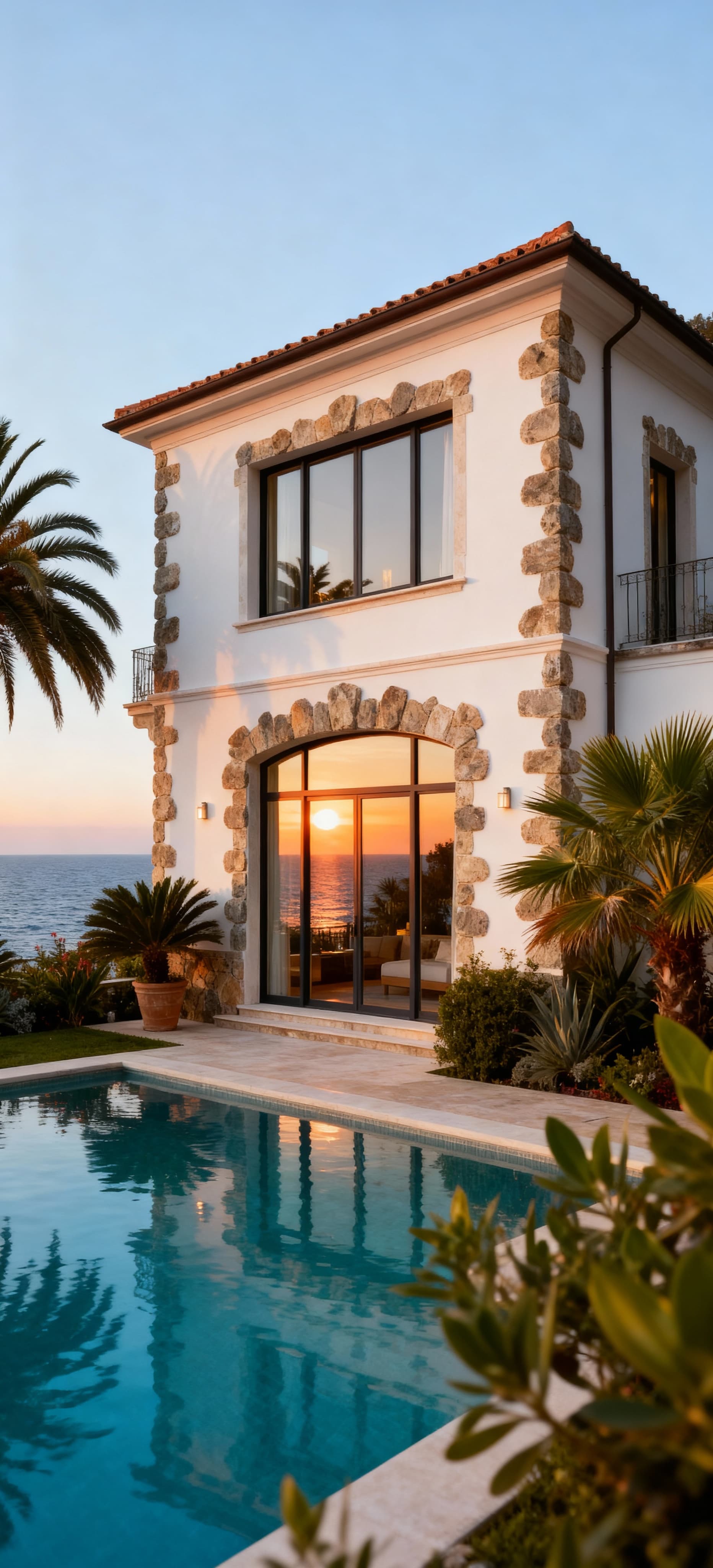 Villa di lusso con vista sul Mediterraneo, giardino tropicale e piscina a sfioro, immersa in un'atmosfera esclusiva.