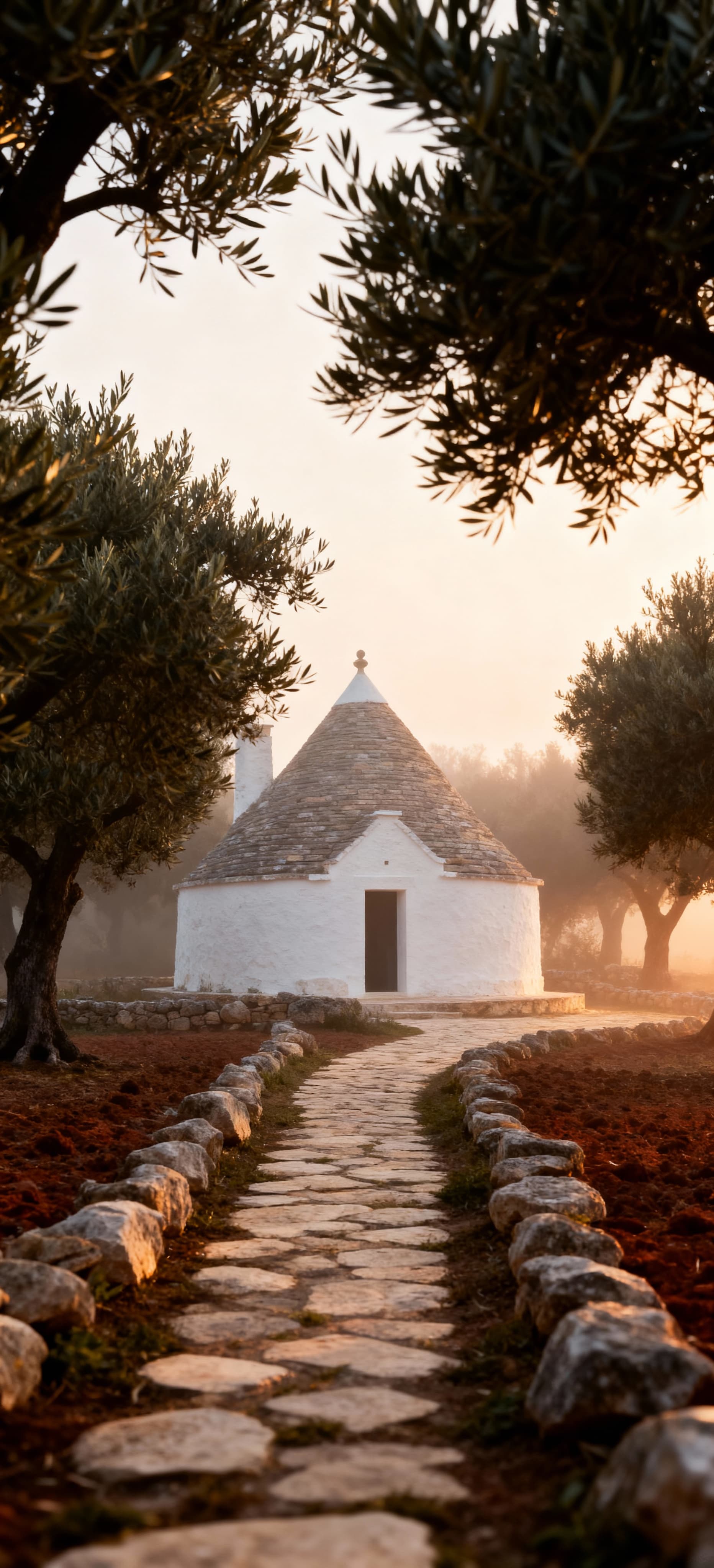 Trullo tradizionale pugliese tra ulivi, avvolto in foschia mattutina, con sentieri di pietra che invitano all'esplorazione.