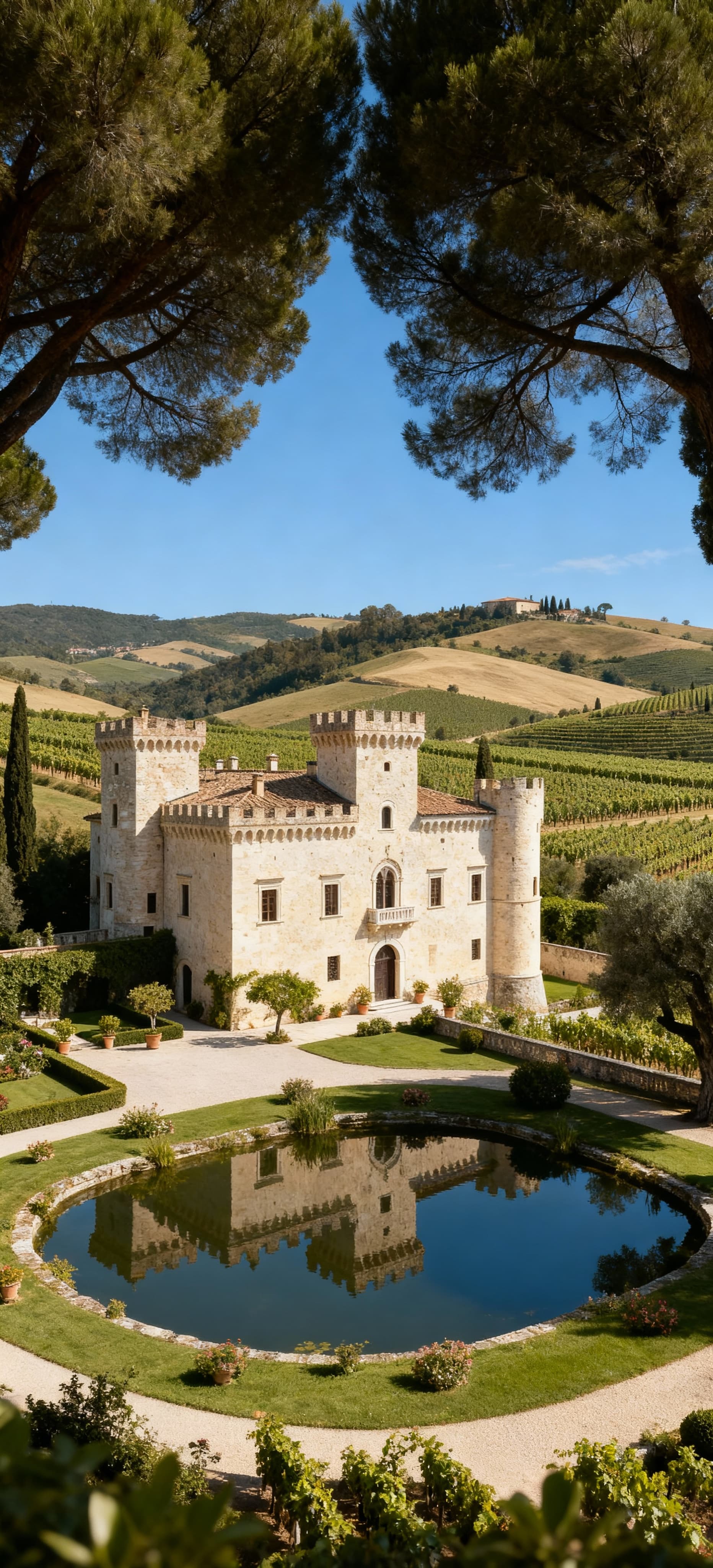 Castello in pietra chiara nel Veneto, circondato da vigneti e colline, con giardino curato e lago artificiale.