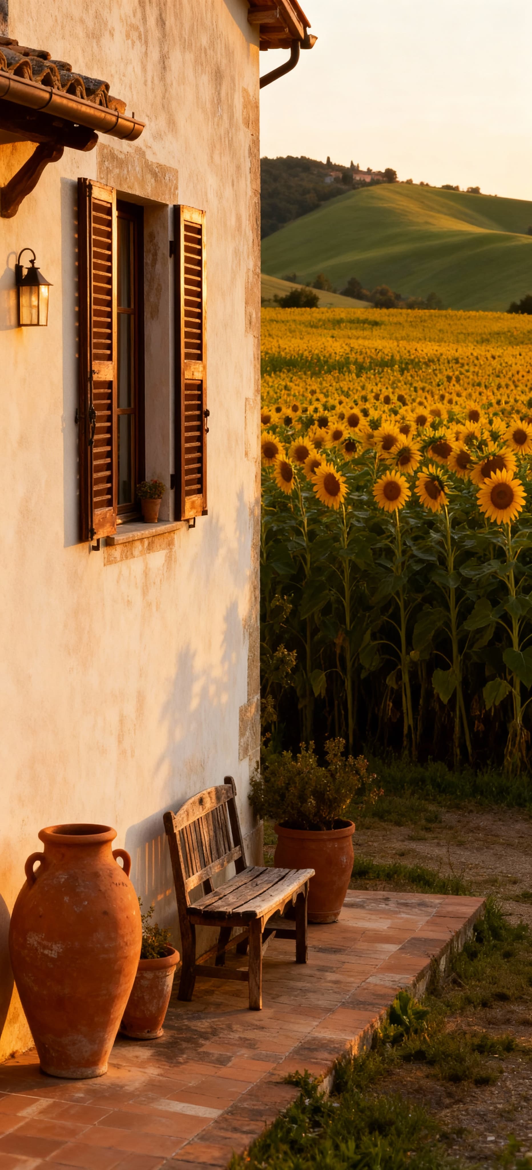Agriturismo in vendita a Grosseto, fattoria bianca con girasoli e colline verdi, decorazioni rustiche in un pomeriggio dorato.