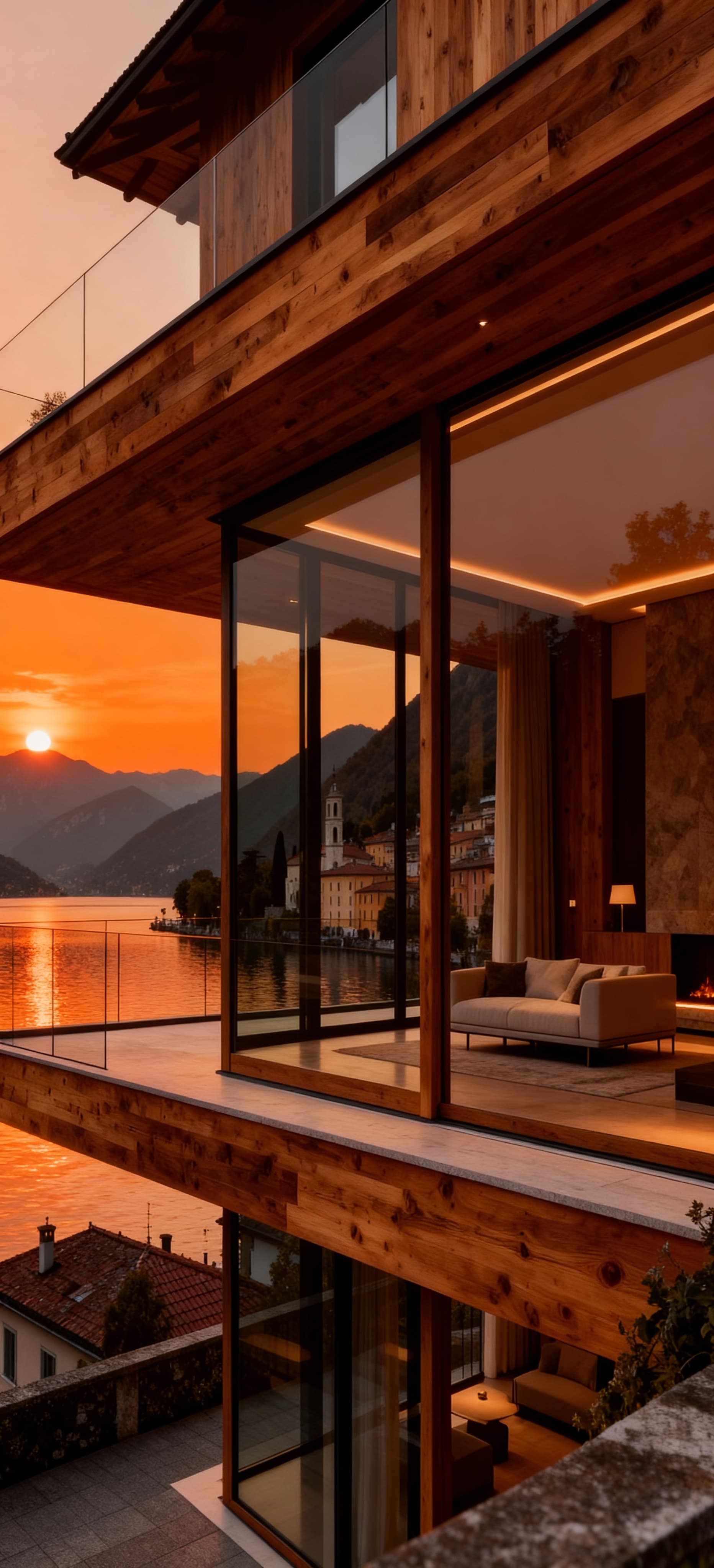 Appartamenti di lusso a Como con vista lago, atmosfera serale e design moderno in legno e vetro, contesto storico circostante.