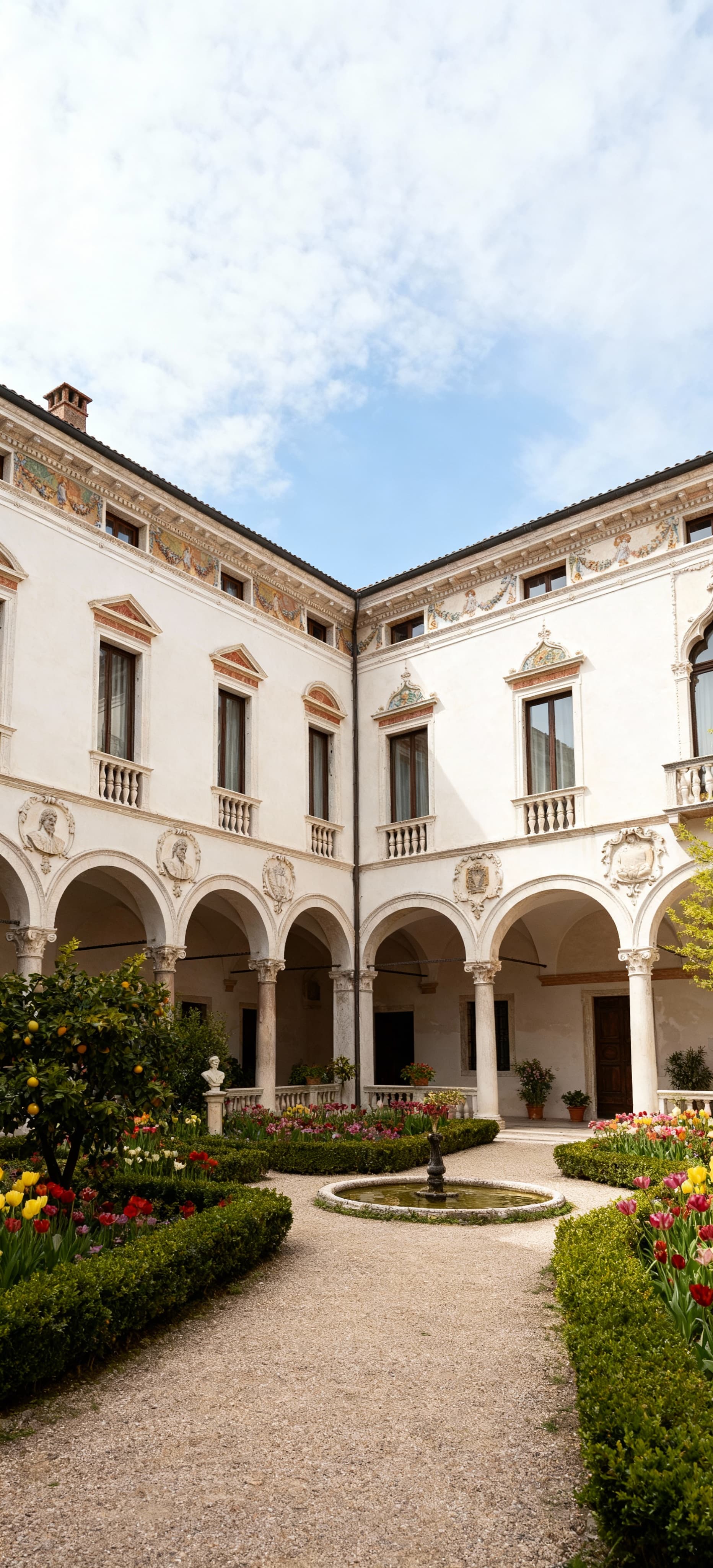 Palazzo storico a Treviso, facciate chiare e dettagli architettonici, cortile fiorito e cielo sereno in primavera.