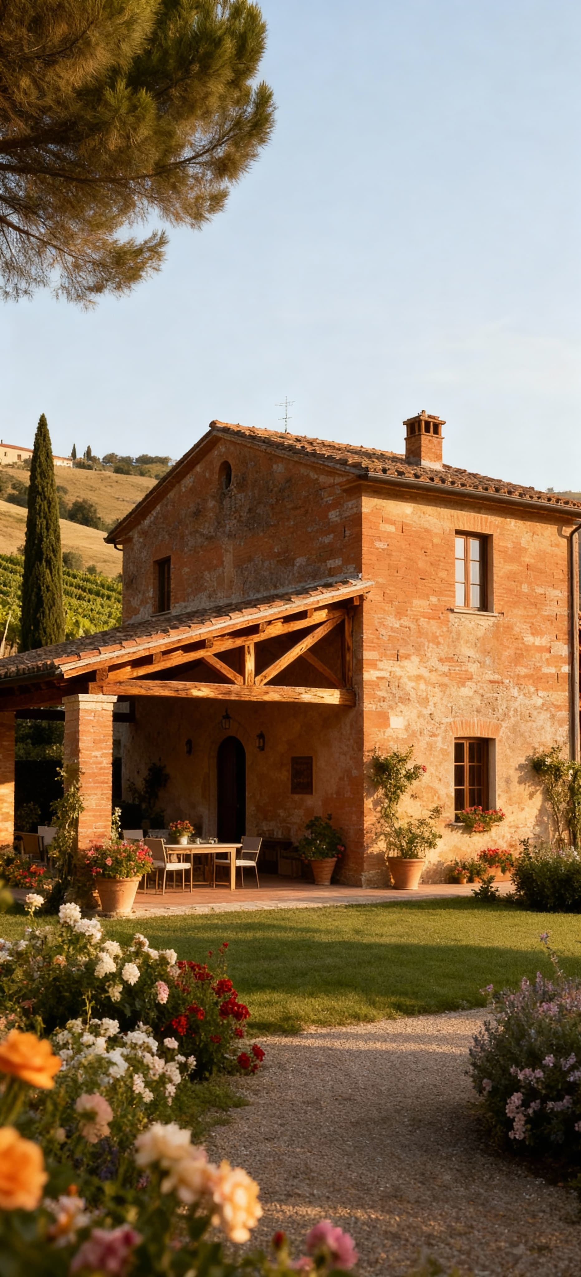 Rustico marchigiano in cotto tra colline, circondato da un giardino fiorito e illuminato dalla luce del mattino.