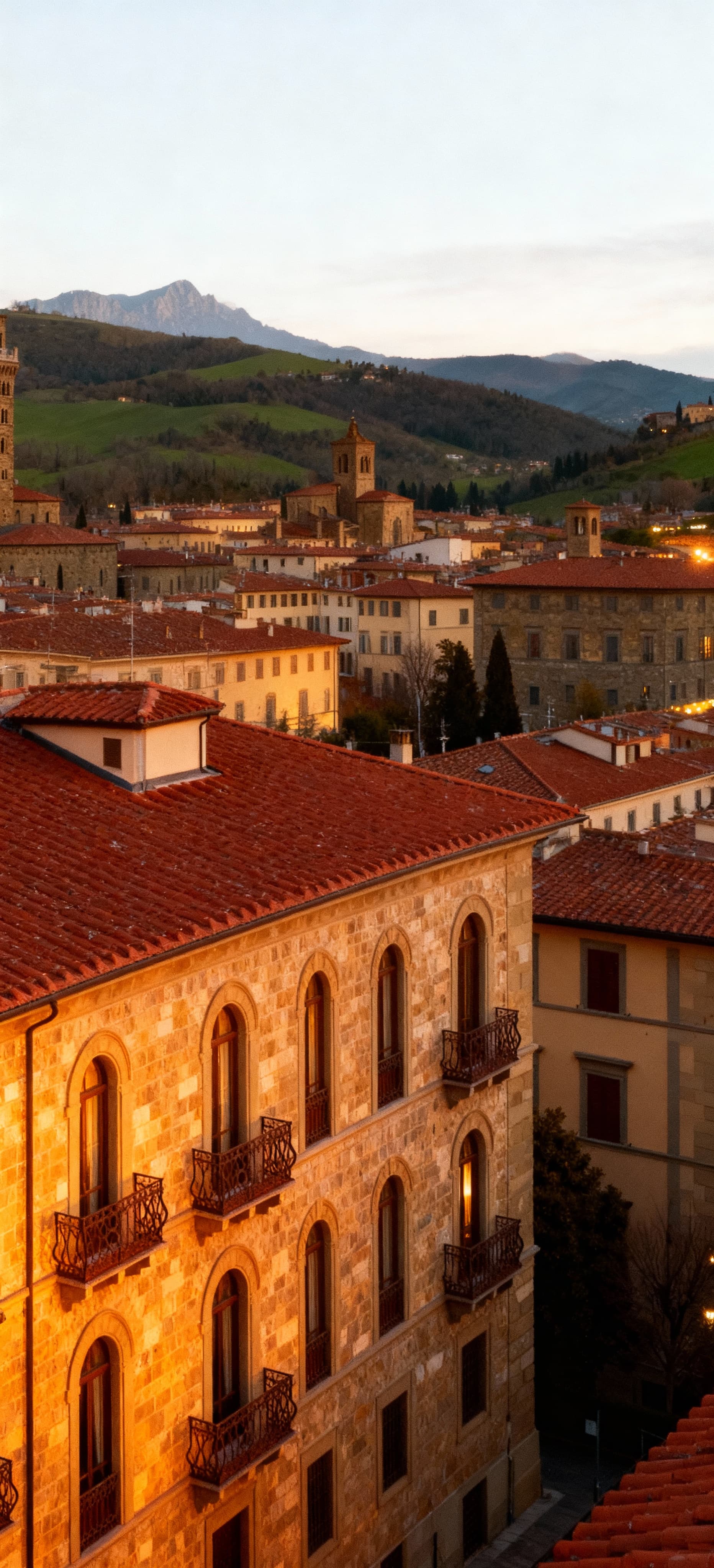 Vista panoramica di appartamenti in vendita a Prato, con eleganti facciate in pietra e colline verdi sullo sfondo.