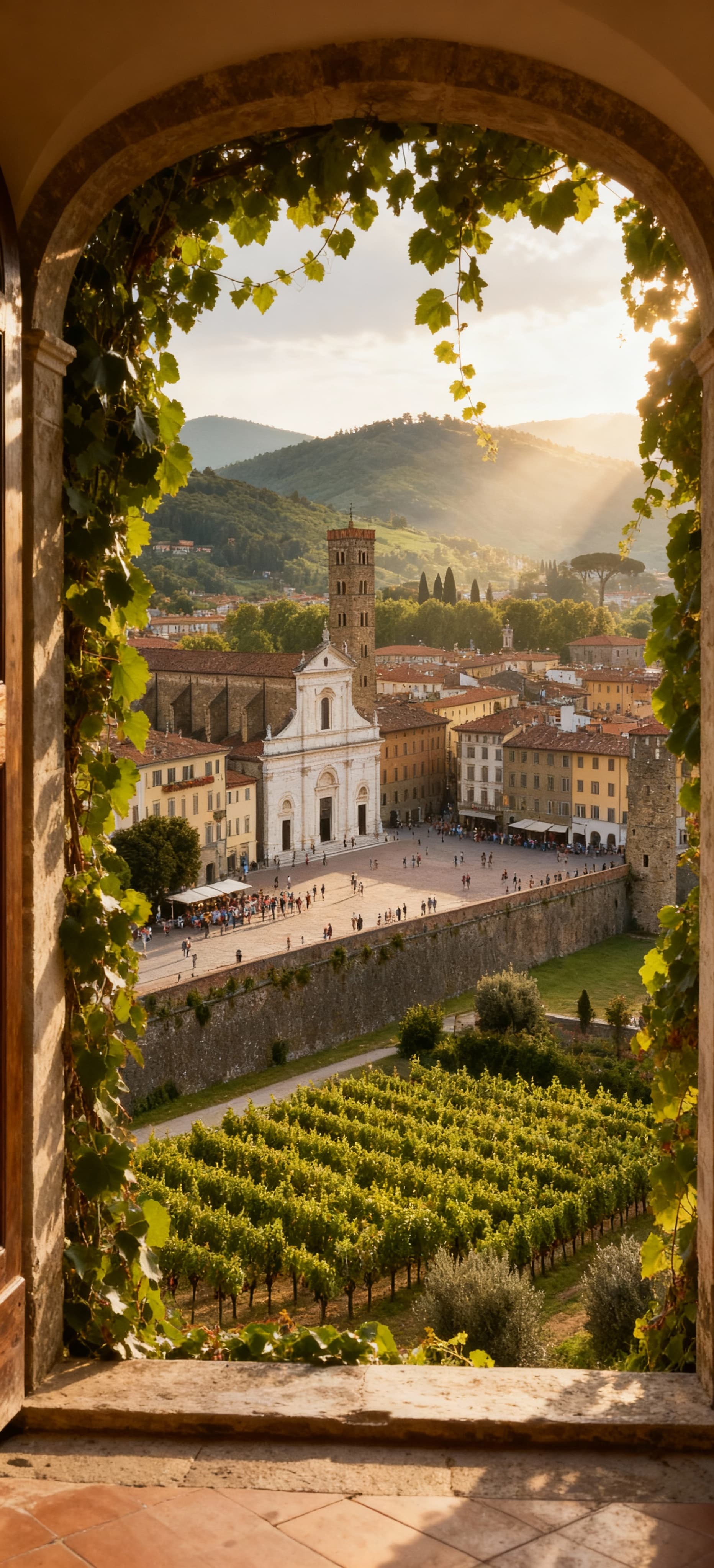 Scenic view of agricultural properties for sale in Lucca, Tuscany, showcasing vineyards, olive groves, and historic architecture.
