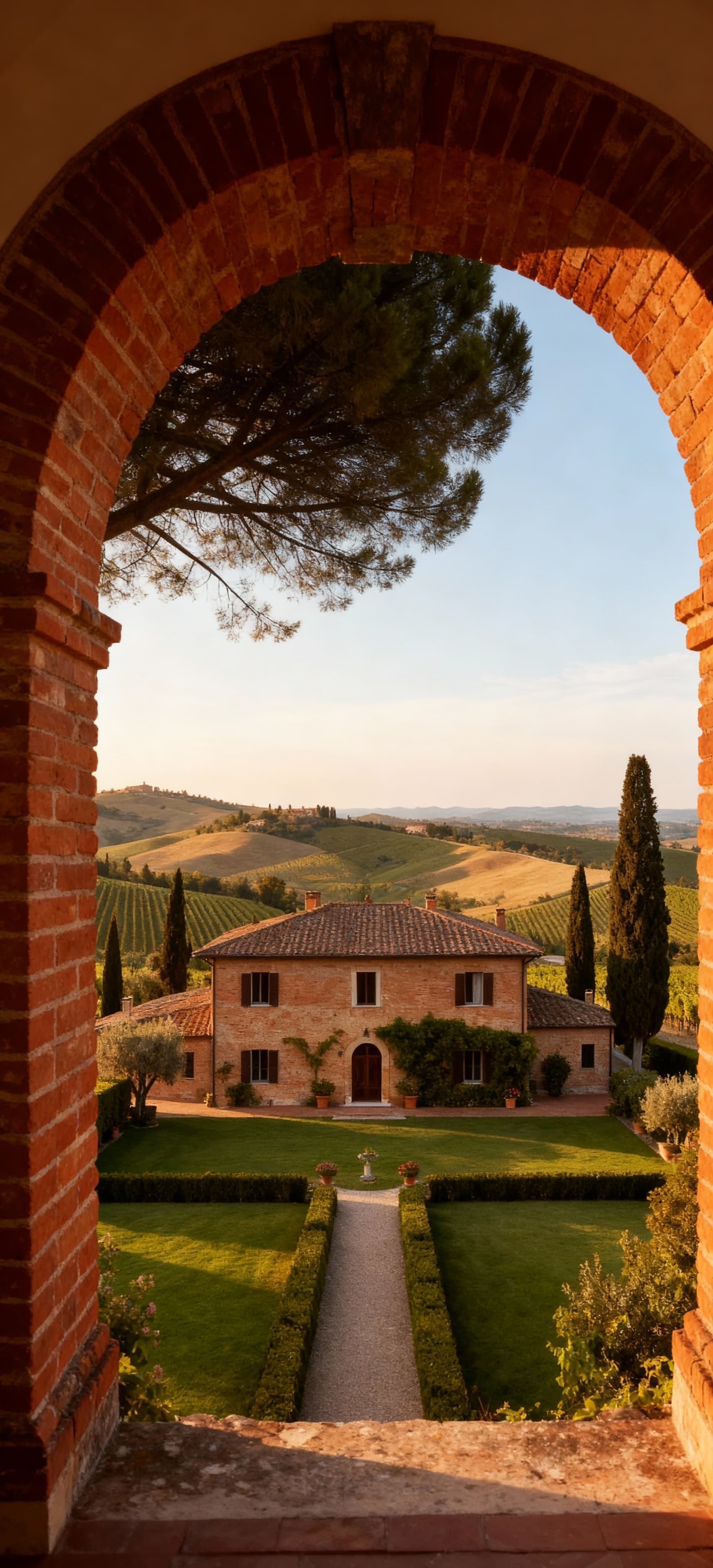 Azioni agricole in vendita a Siena: villa storica con giardino e colline verdi, vigneti sotto un cielo sereno al pomeriggio.