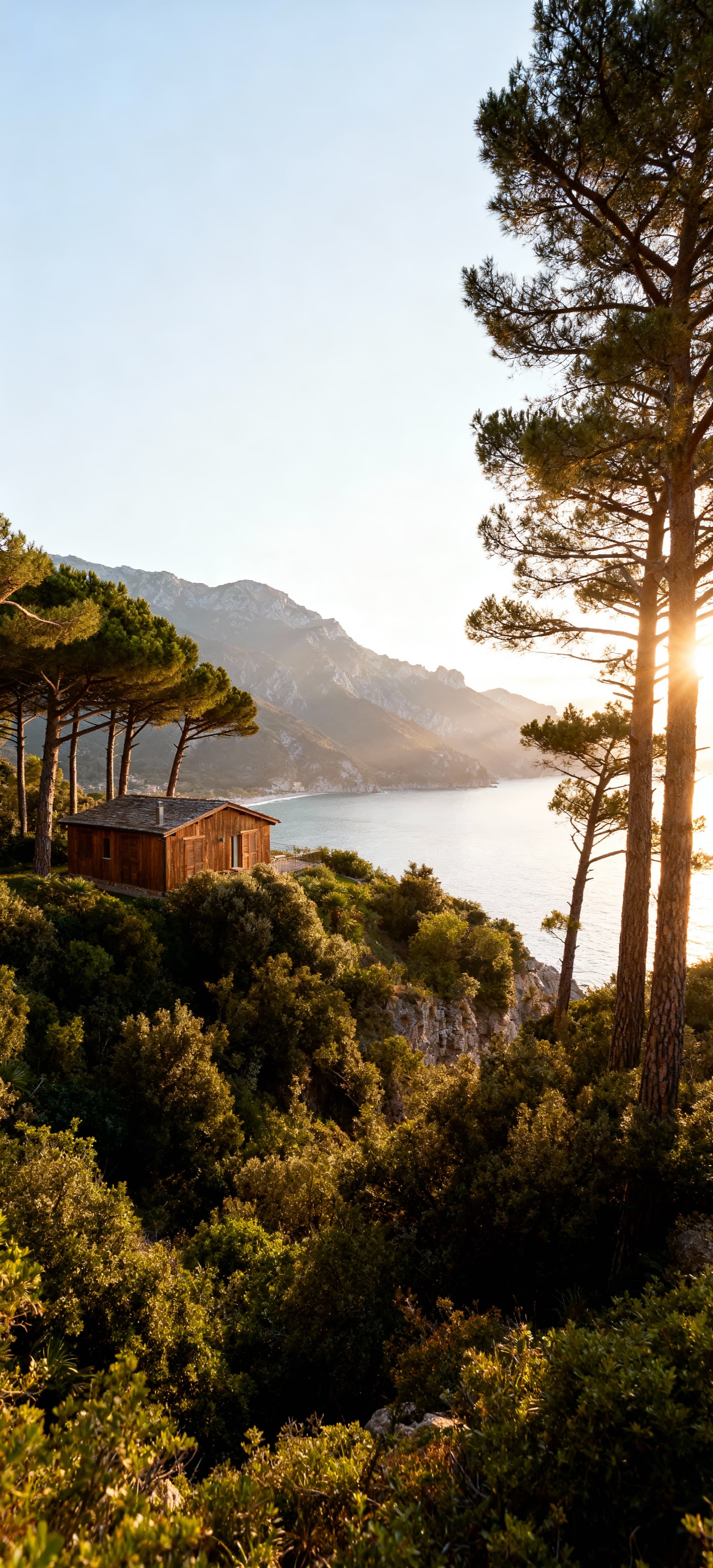 Rustico in legno di larice con vista panoramica sulla costa della Versilia e Alpi Apuane sullo sfondo, luce del mattino e vegetazione lussureggiante.
