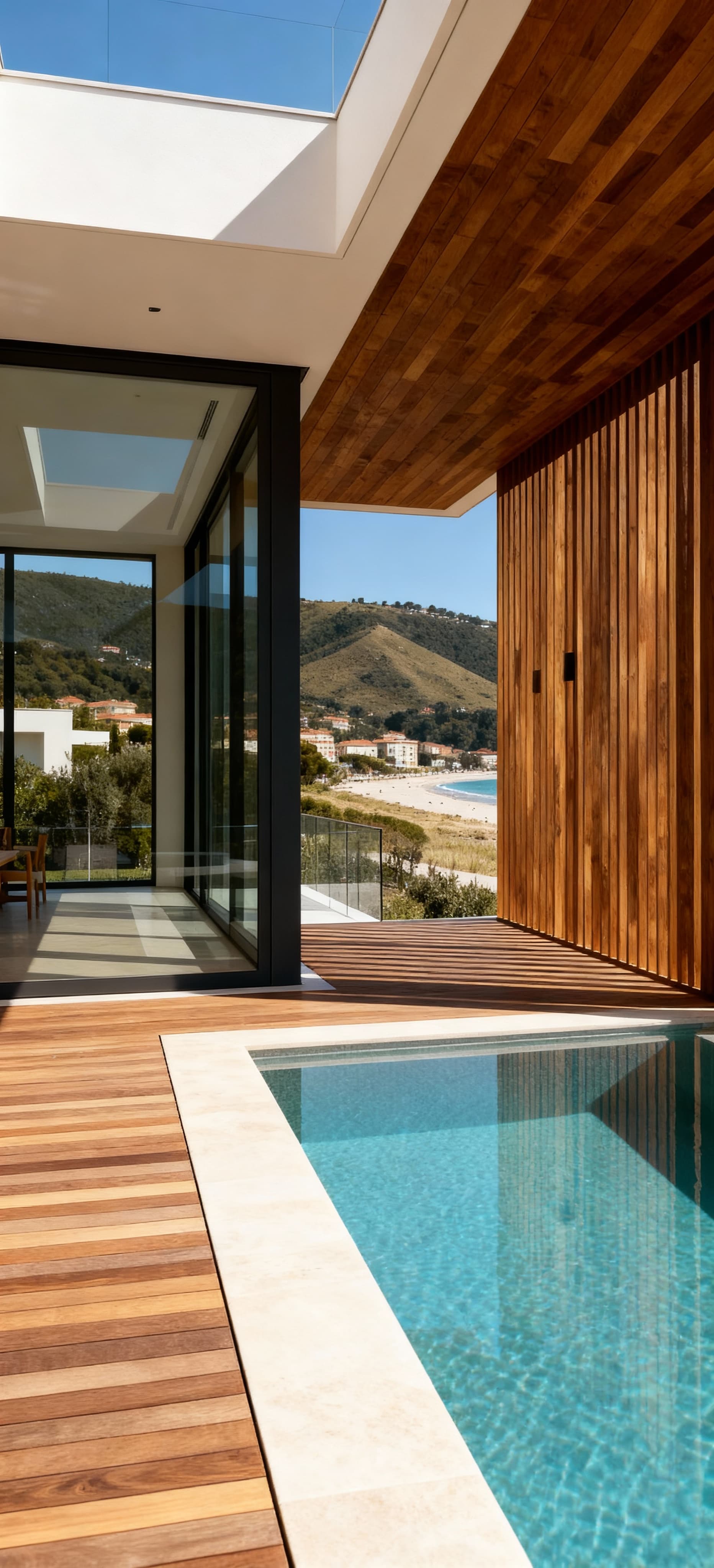 Villa moderna a Pescara con piscina a sfioro e vista mare, caratterizzata da ampie vetrate e dettagli in legno e vetro.