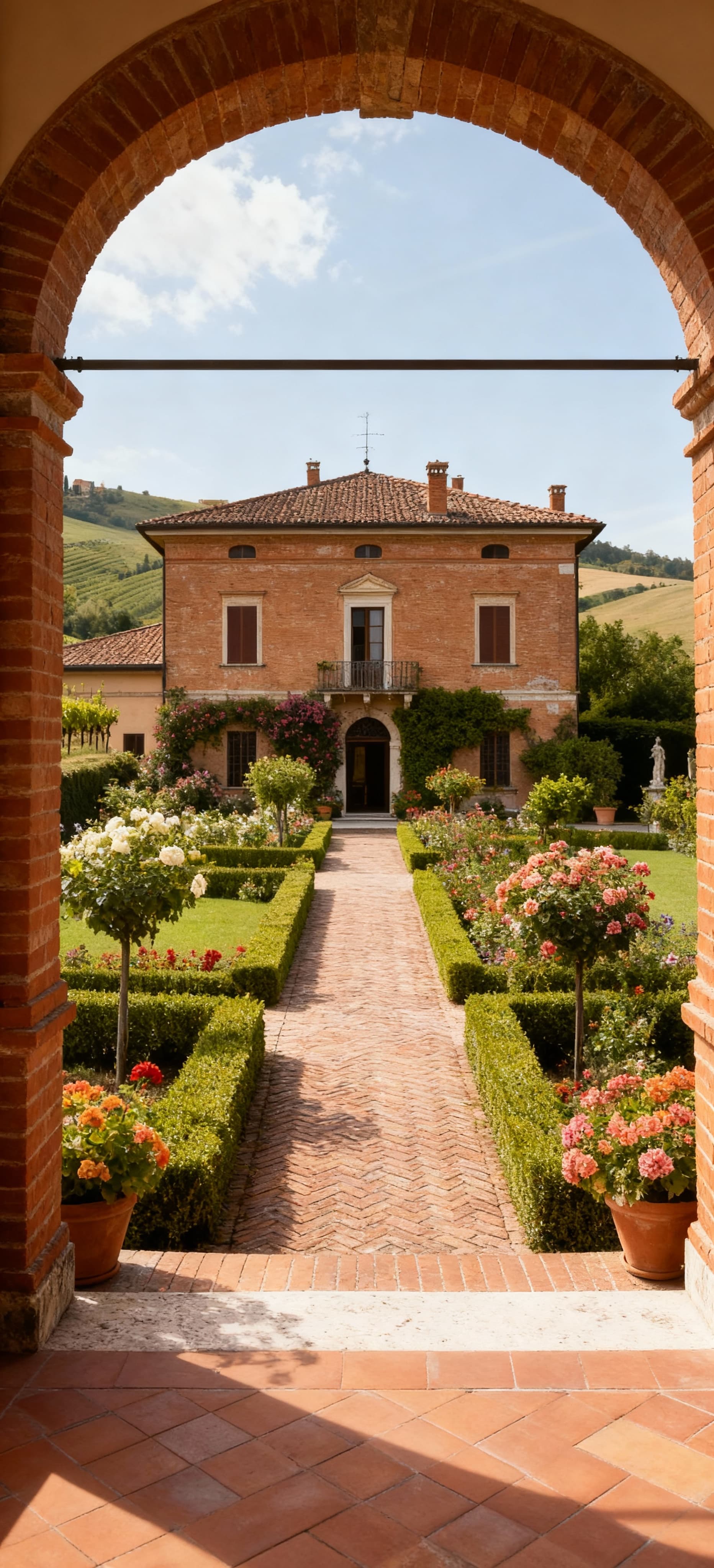 Villa storica a Modena nella zona Campagna, circondata da colline, vigneti e giardini fioriti con architettura emiliana.