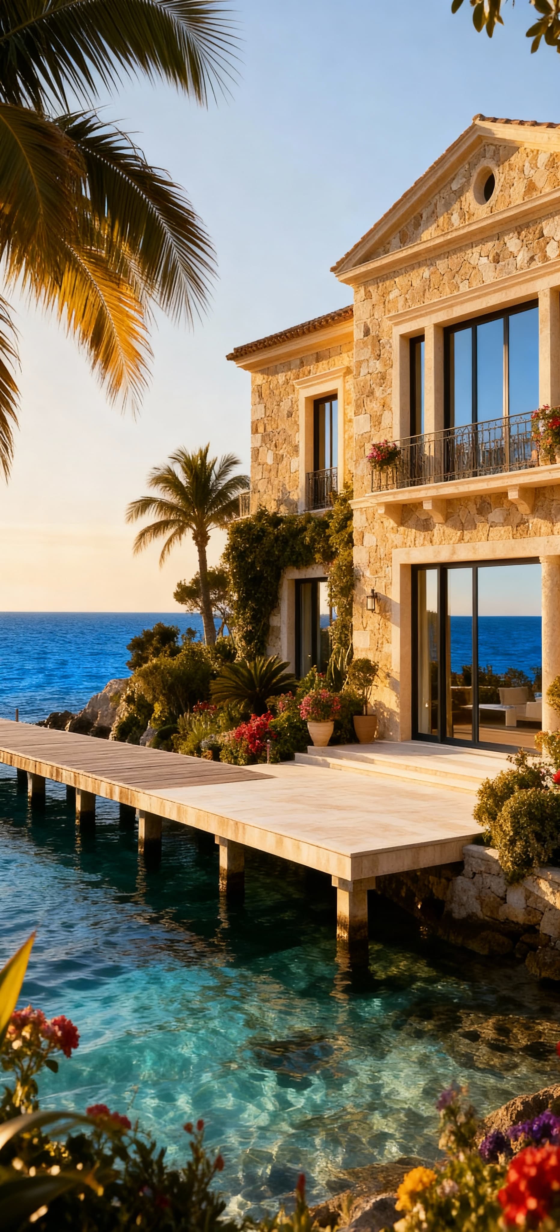 Luxury properties for sale by the coast, featuring elegant villas and charming palaces with stunning sea views and lush surroundings.