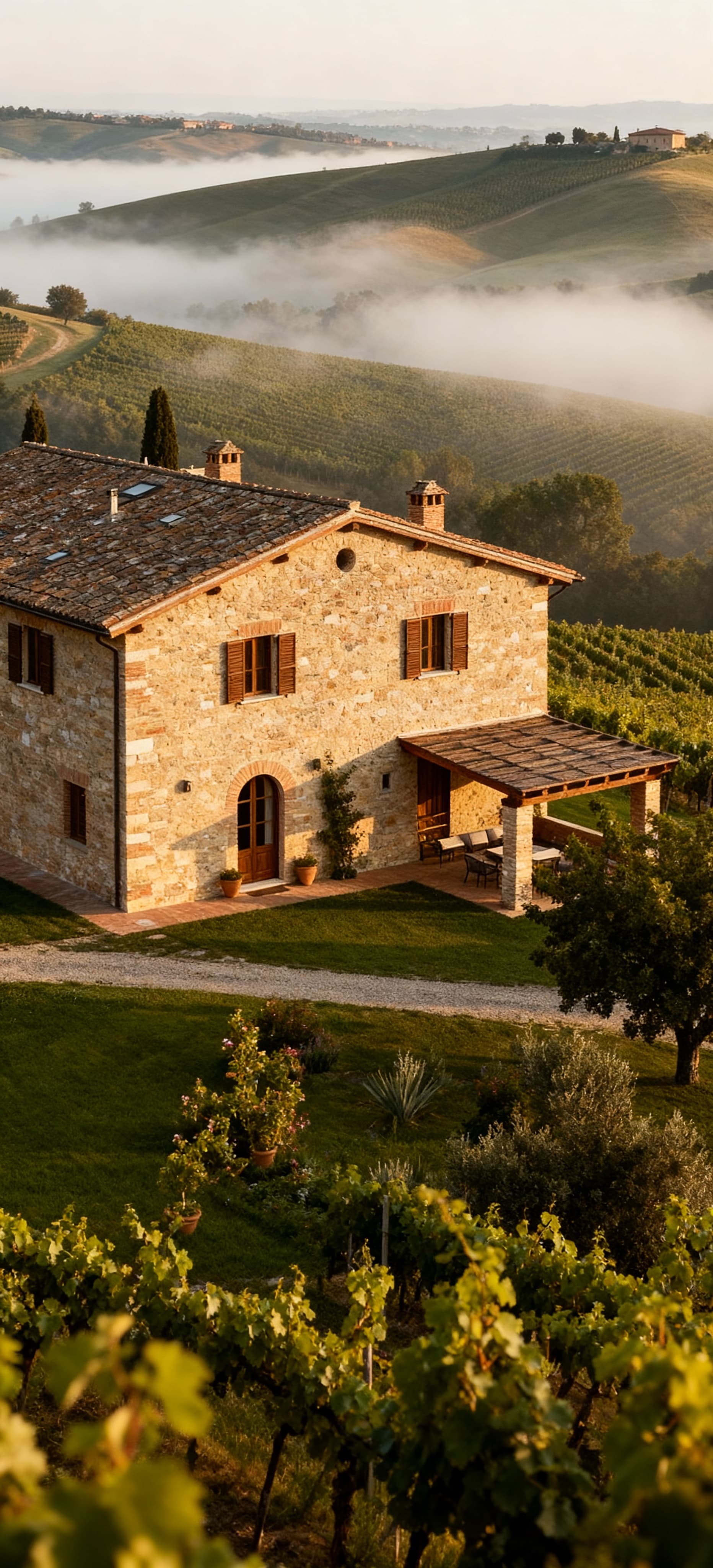 Casale elegante nelle Marche, circondato da colline e vigneti, con architettura in pietra e legno in un'atmosfera incantevole.