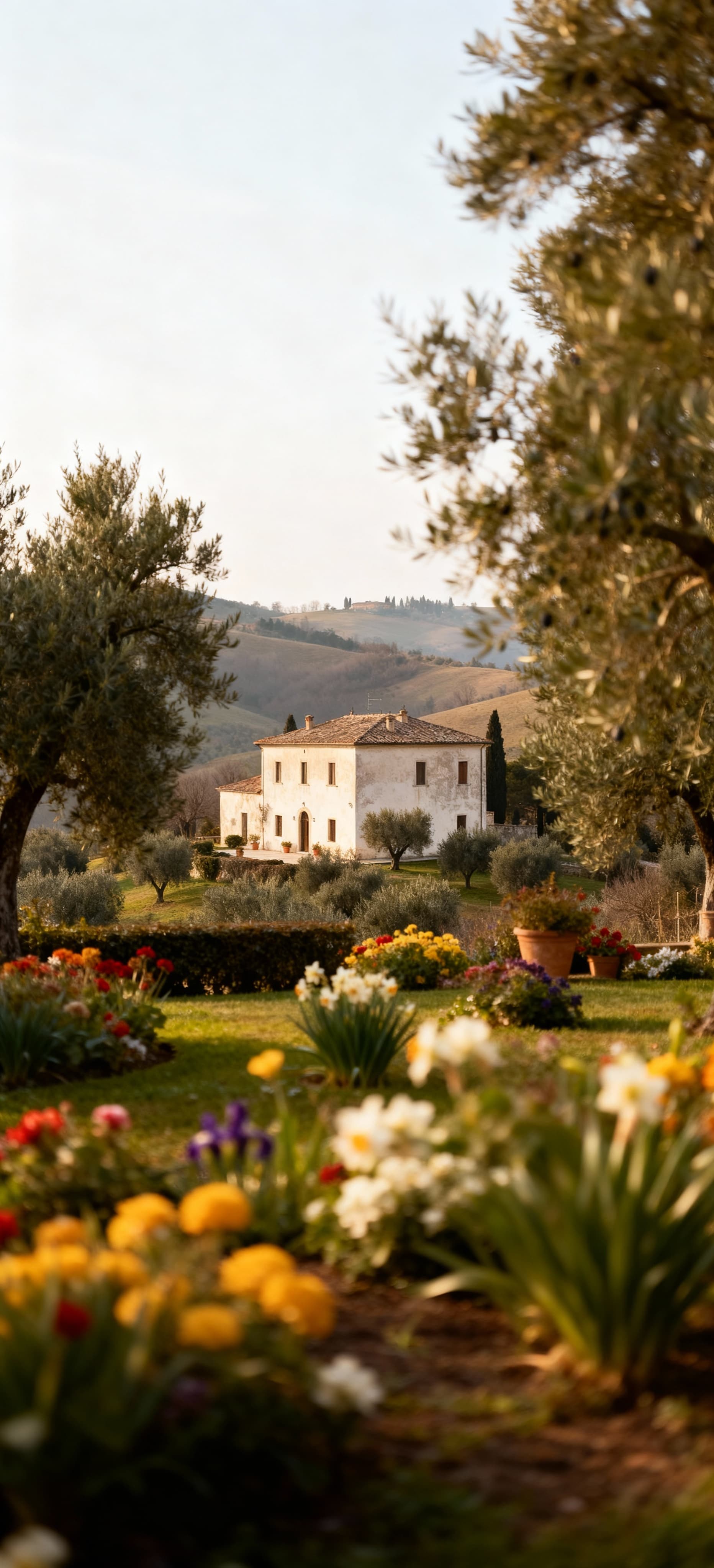 Antico casale in vendita a Fermo, circondato da olivi e giardino fiorito, in un'atmosfera calda e accogliente.