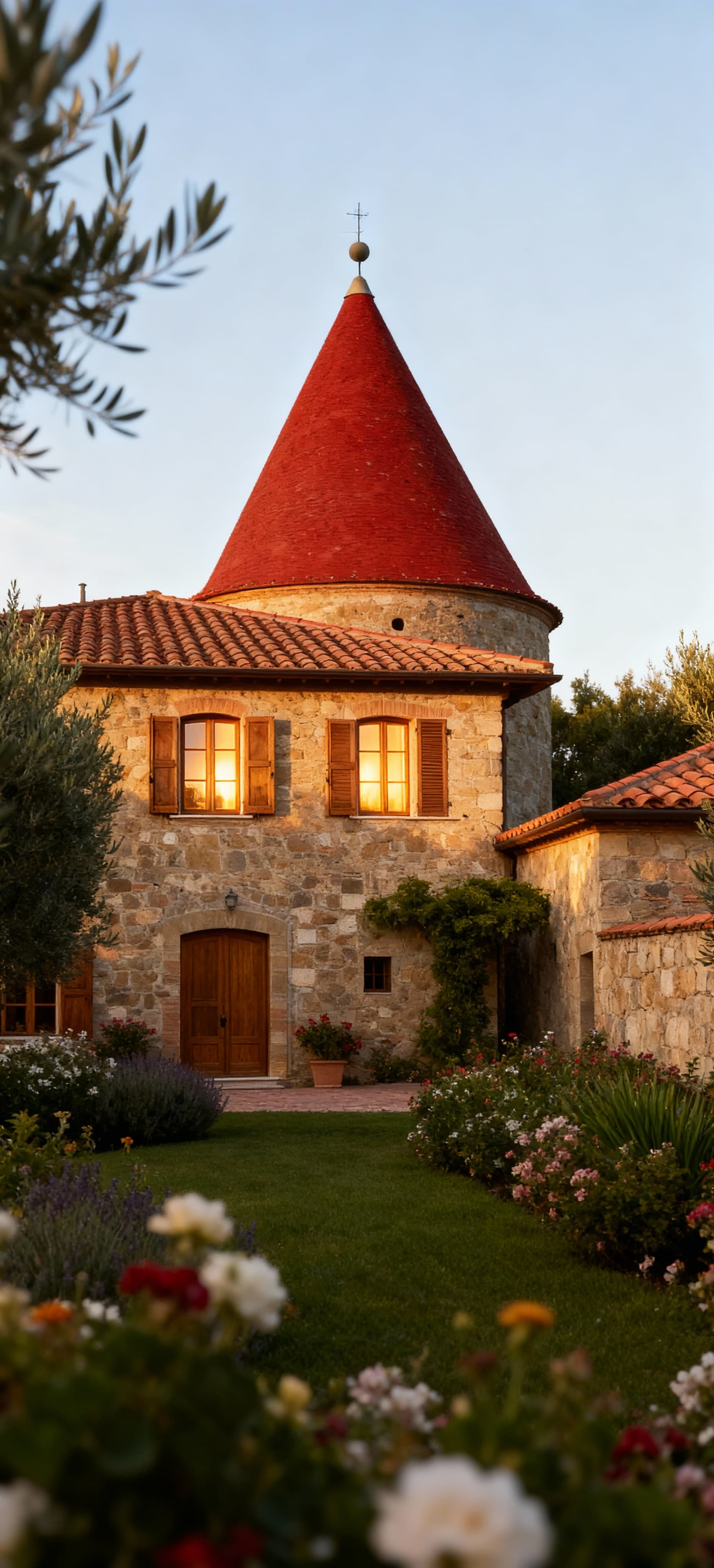 Casale in pietra circondato da uliveti ad Arezzo, tetto in coppi rossi e giardino fiorito, riflette serenità e lusso.
