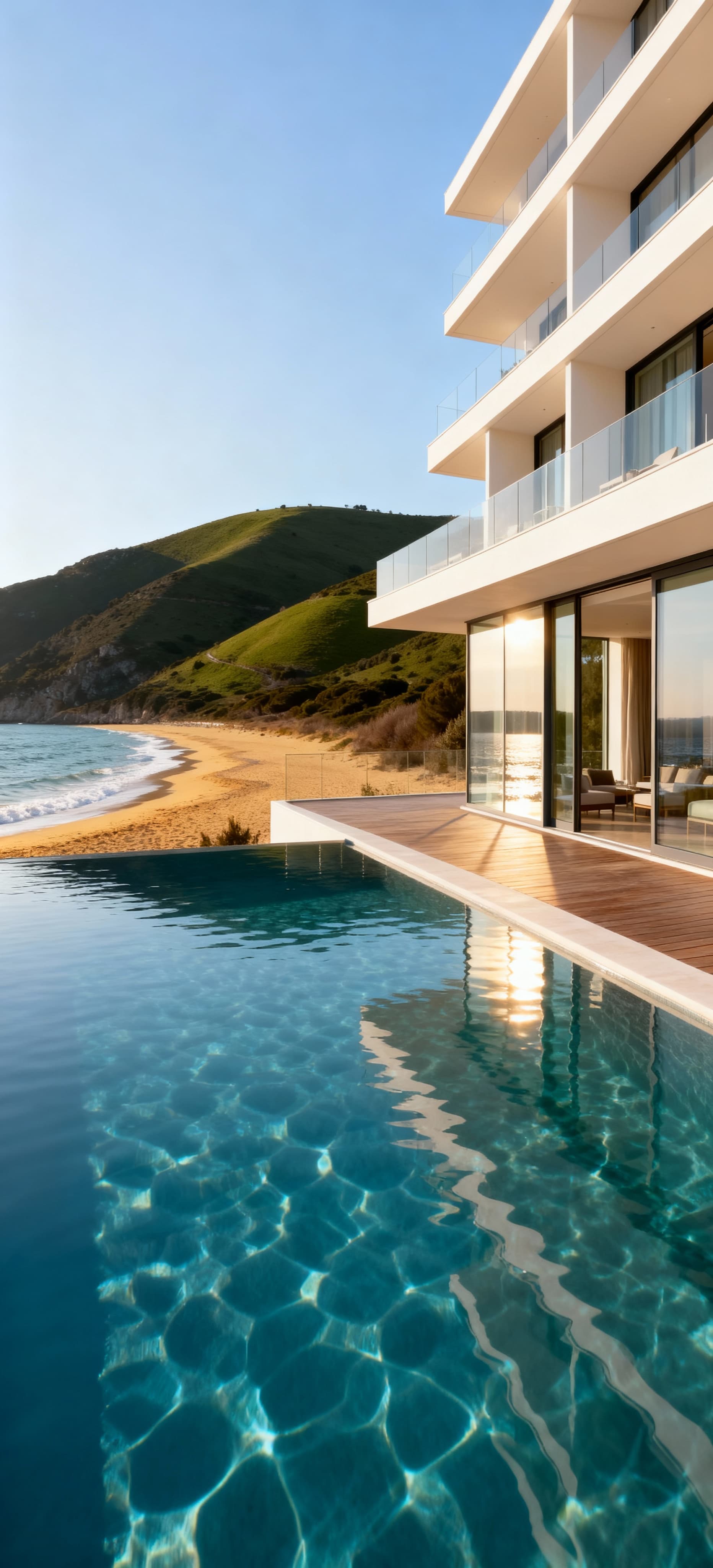 Azienda agricola in vendita a Livorno, moderno hotel a Marina di Campo con vetrate, spiagge dorate e colline verdi.