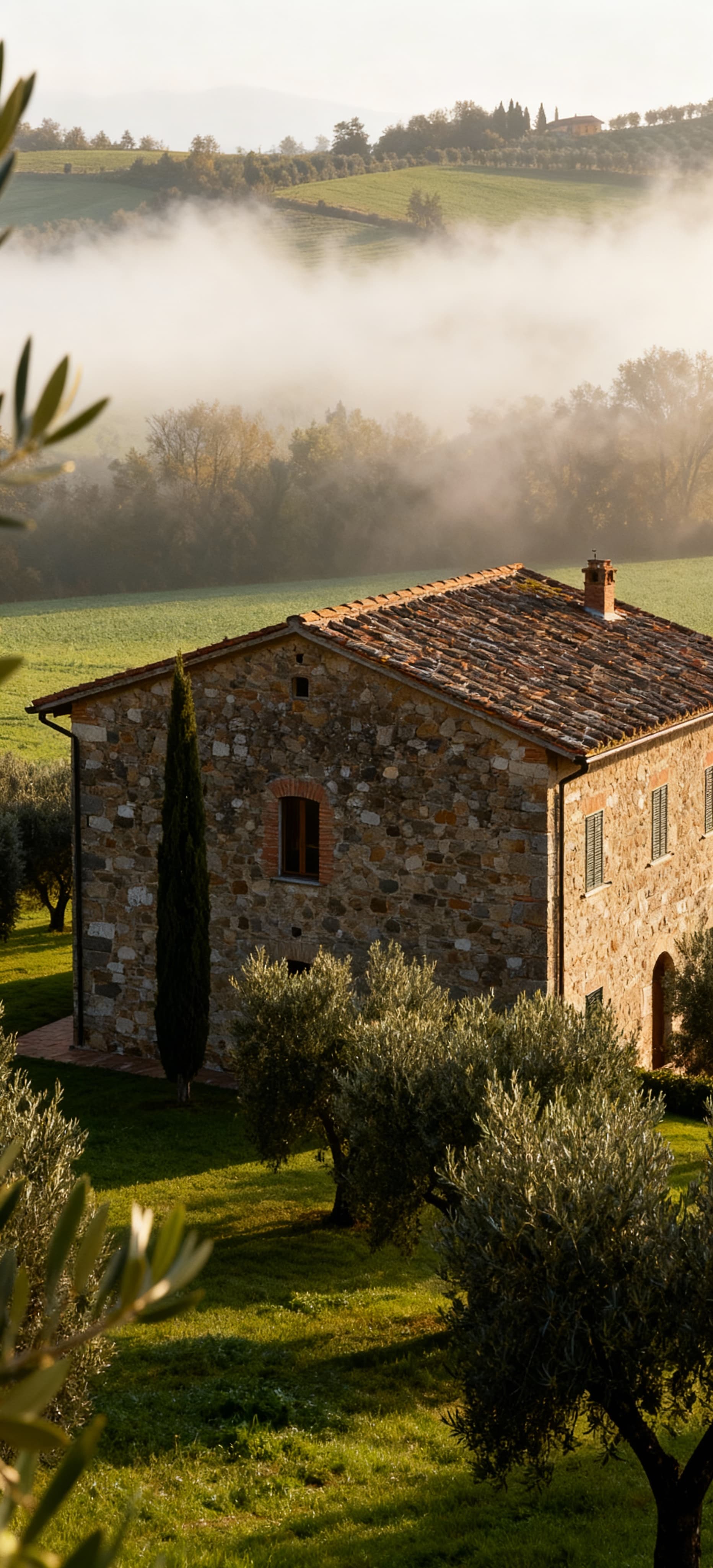 Aziende agricole in vendita a Lucca, agriturismo in pietra circondato da uliveti e campi verdi in leggera nebbia.