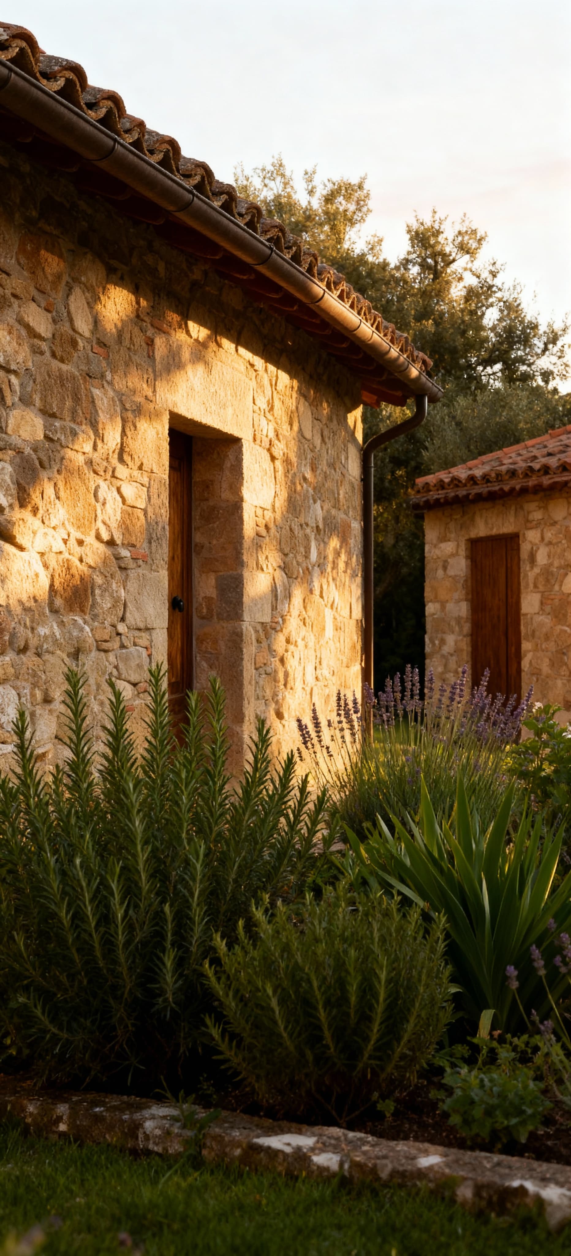 Rustico toscano in pietra immerso nella campagna di Grosseto, circondato da erbe aromatiche e fiori selvatici.