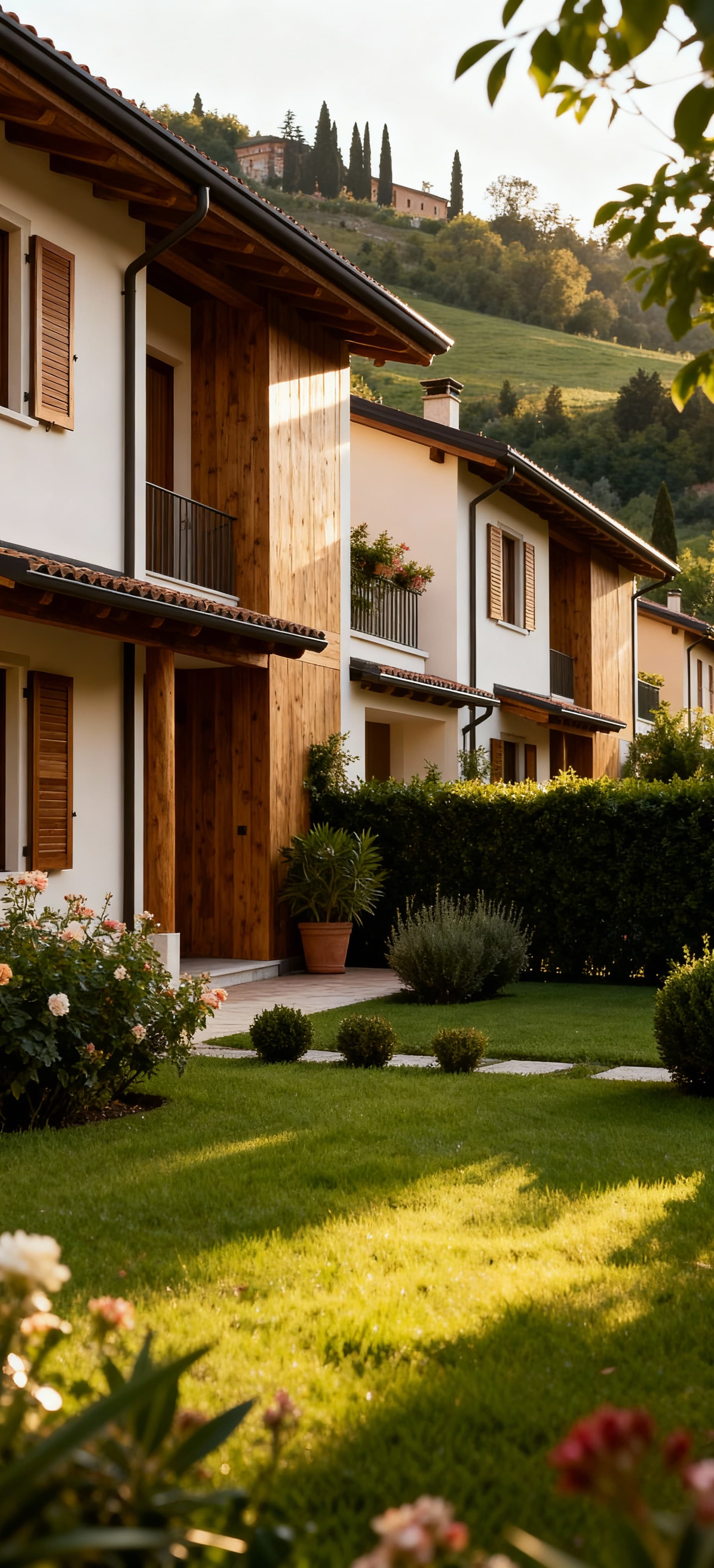 Villetta a schiera a Verona tra colline, con giardino curato e materiali naturali, illuminata da un pomeriggio sereno.