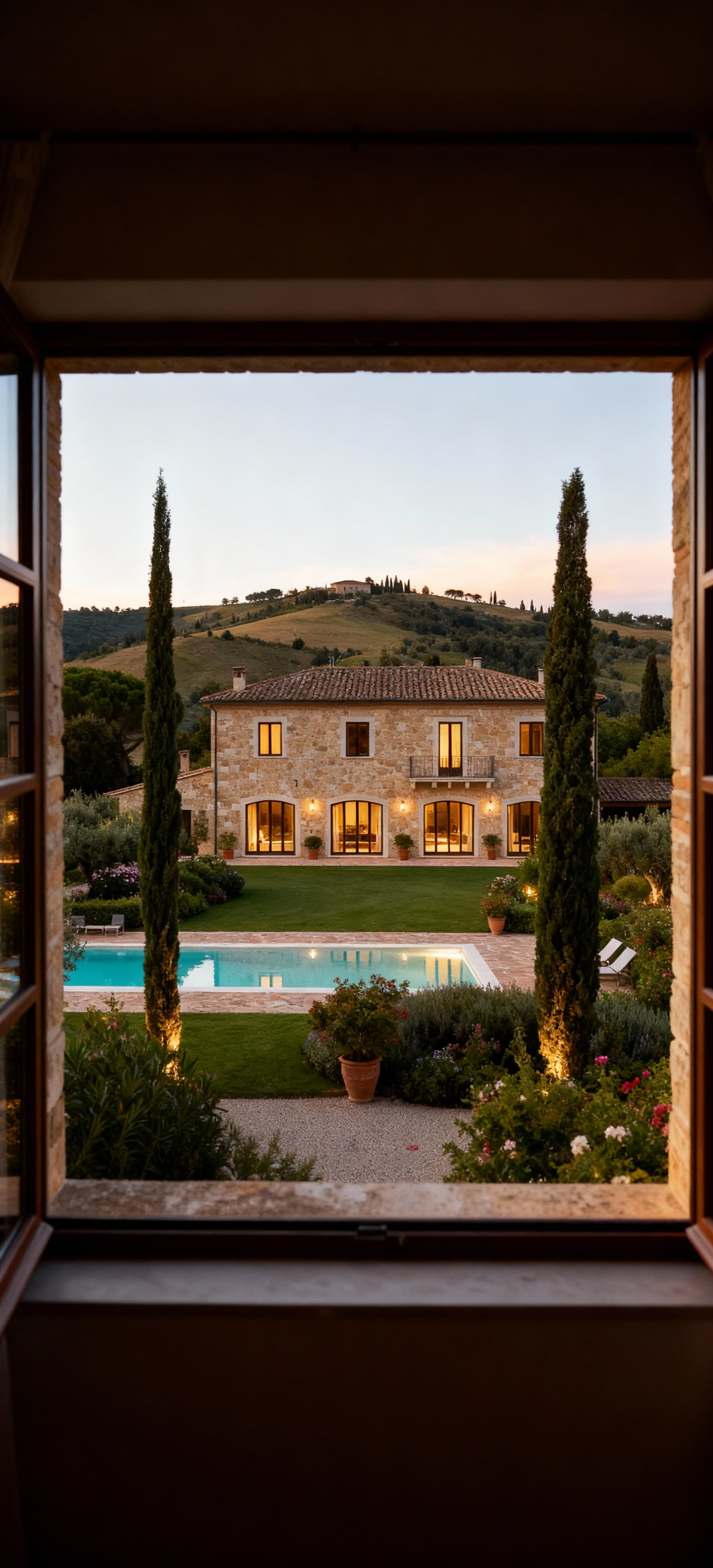 Elegante villa con piscina in Toscana, circondata da un giardino rigoglioso e un panorama collinare sotto un cielo sereno.