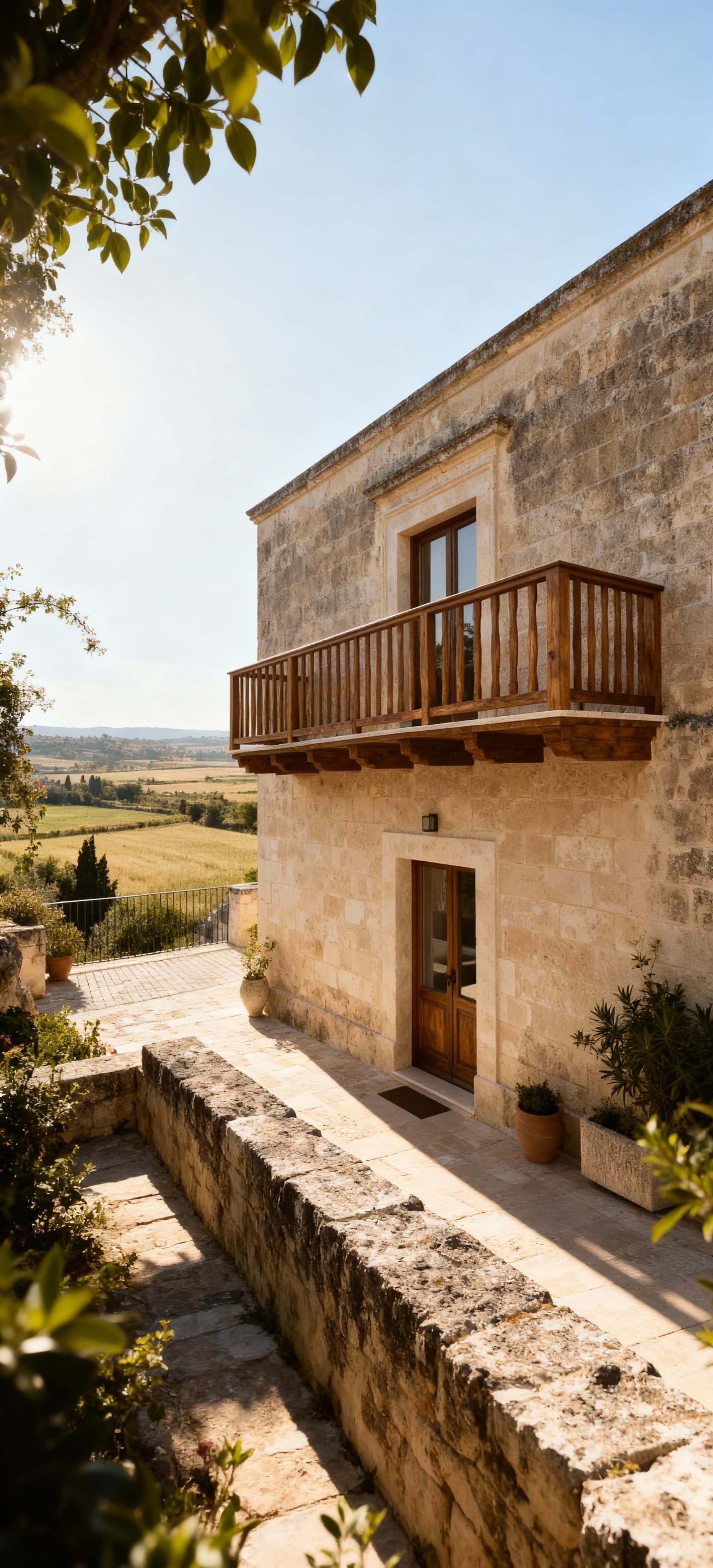 Villa di lusso a Matera, con facciata in pietra e balconi in legno, immersa nel paesaggio dei Sassi d'Abruzzo.