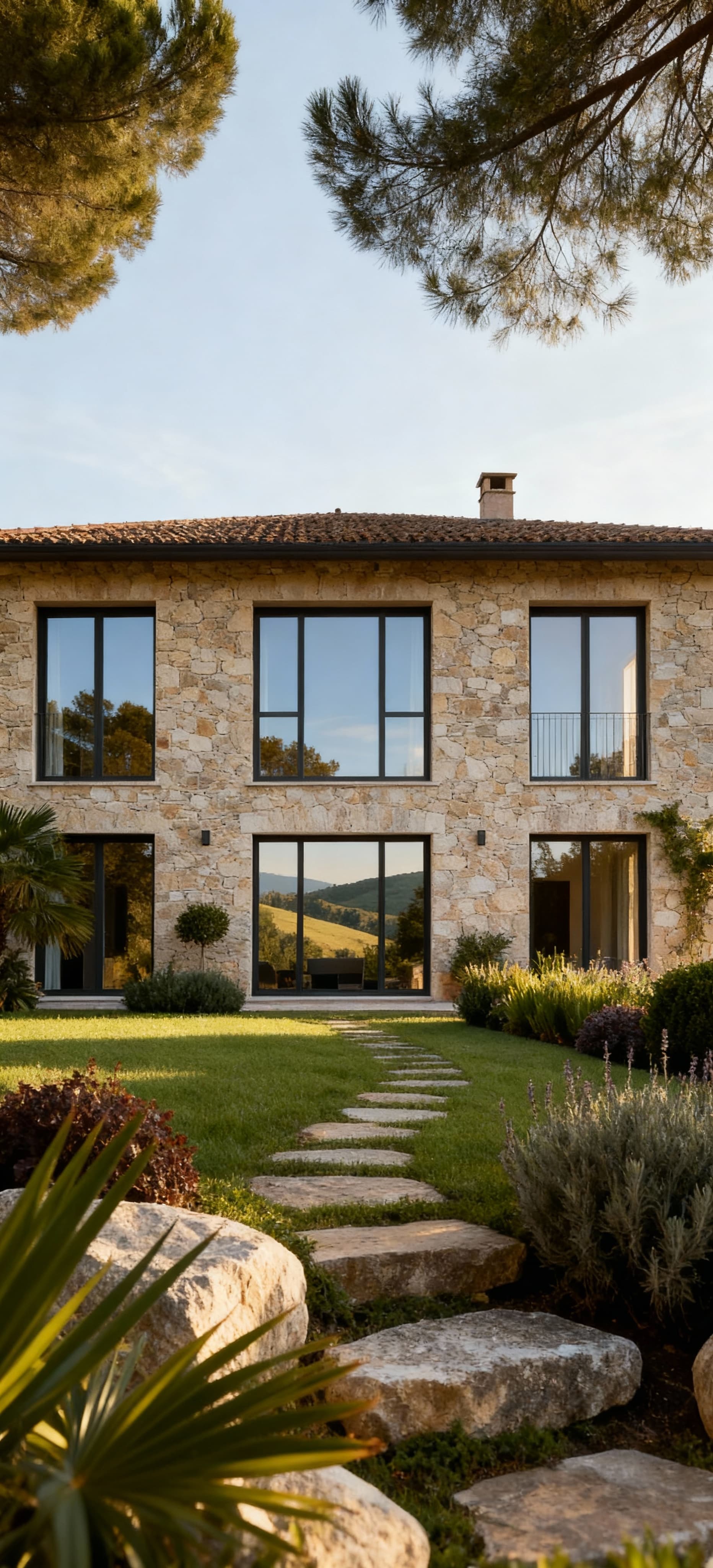 Villa in vendita a Treviso, immersa nel verde delle colline venete, con facciata in pietra e giardino fiorito.