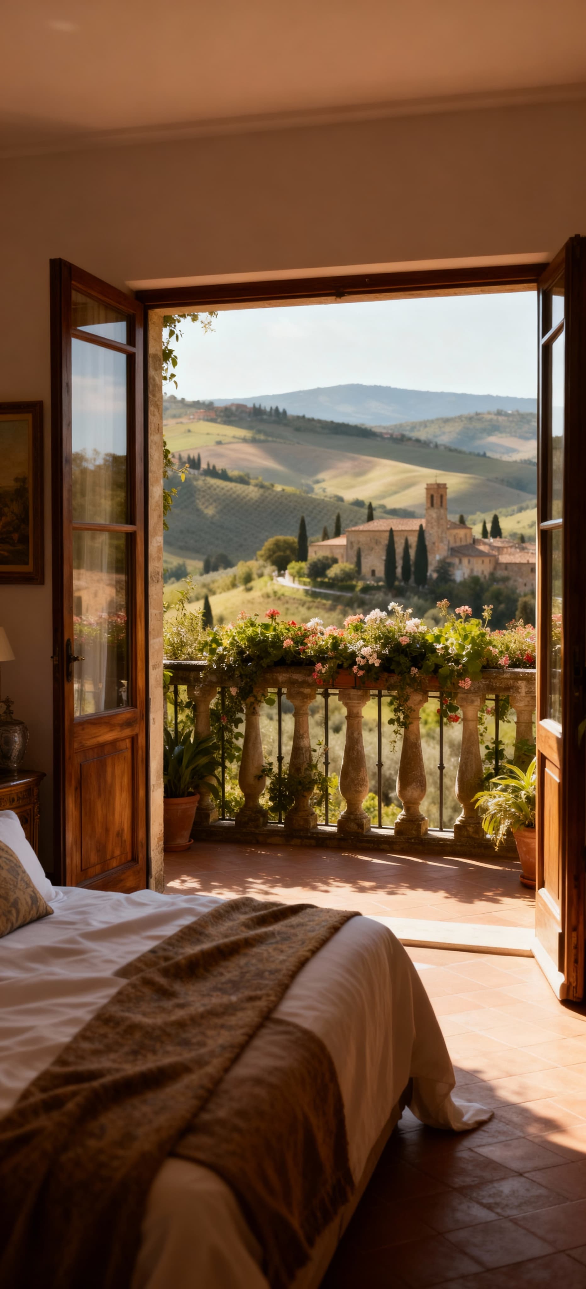 Tuscan farmhouses for sale in Livorno's countryside, showcasing rolling hills, olive trees, and vineyards under a serene sky.