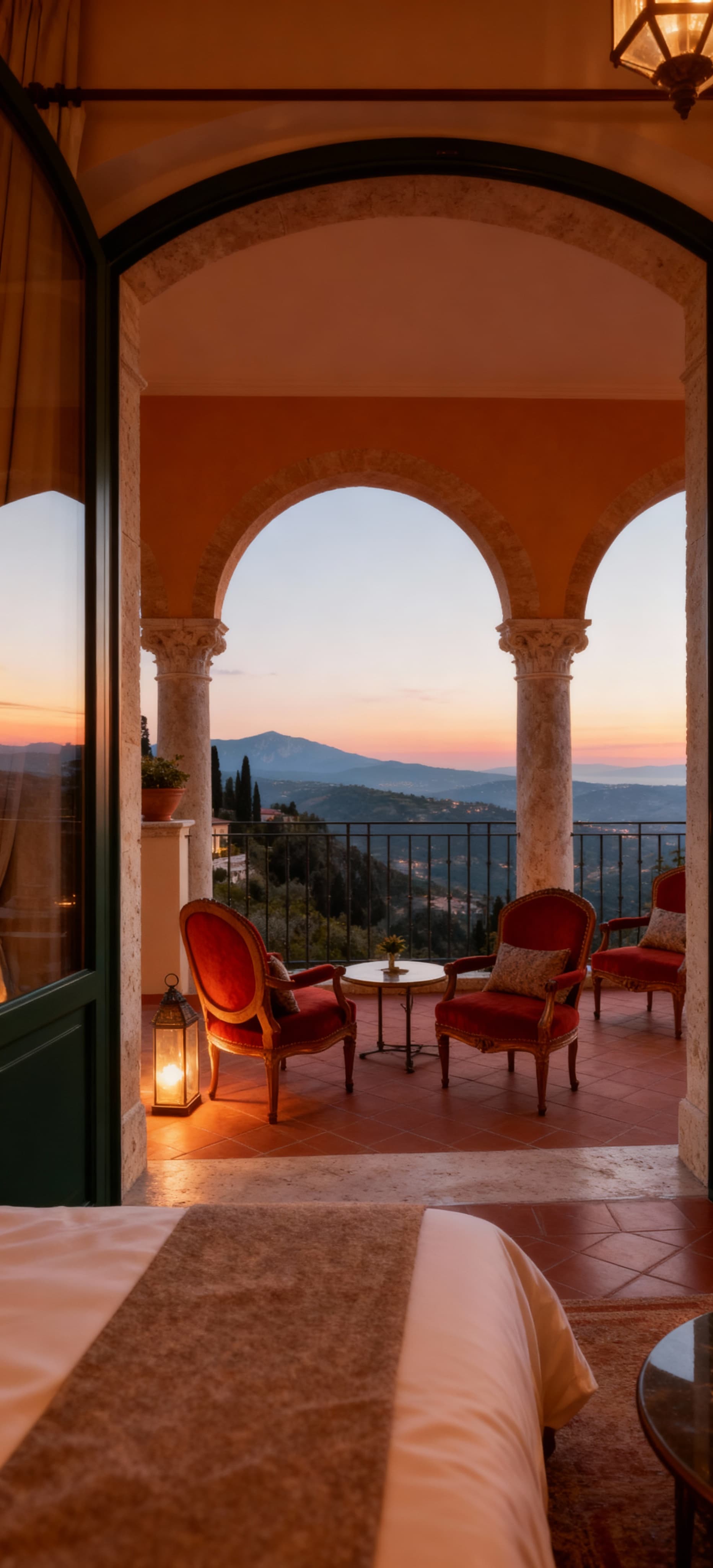 Eccellente hotel di lusso in Italia, immerso in un paesaggio panoramico e illuminato da una dolce luce serale.