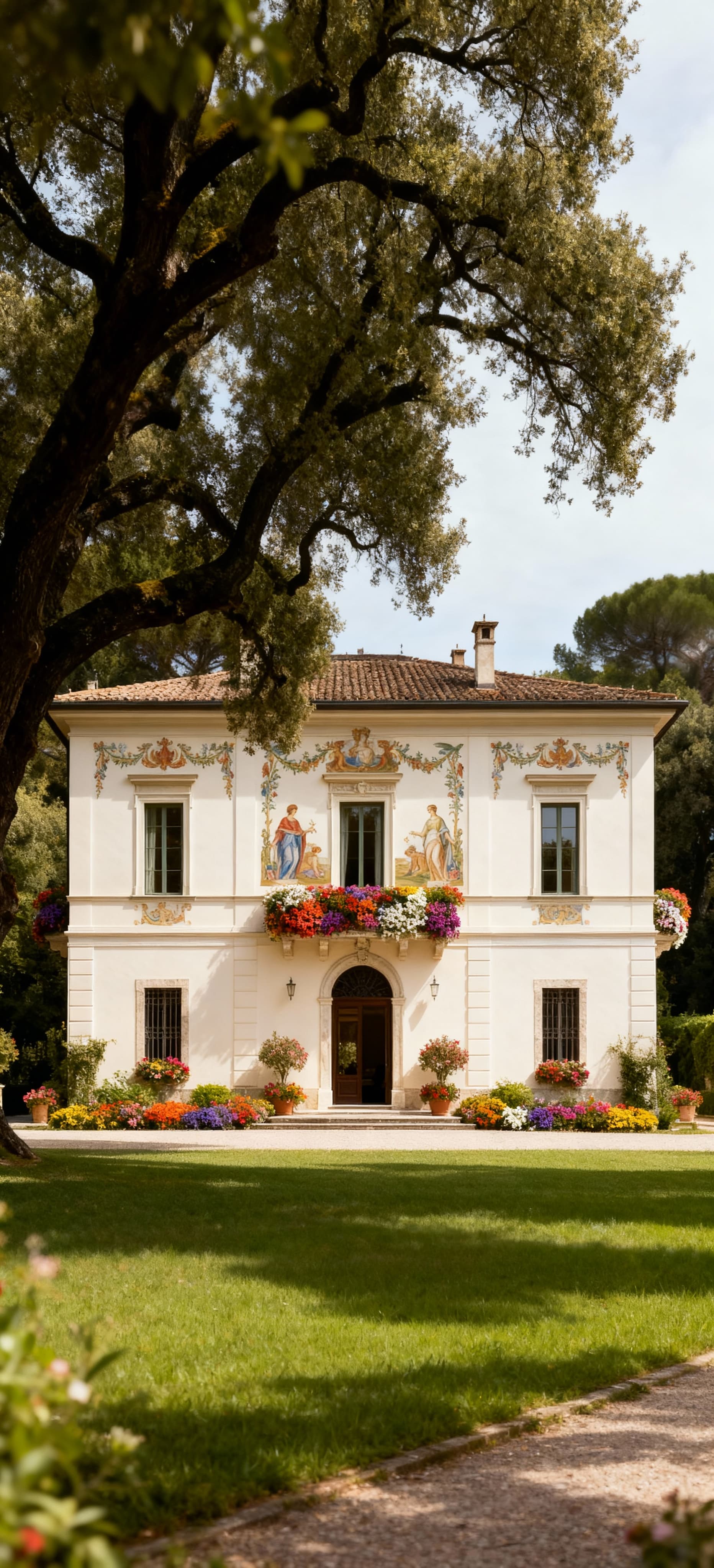 Esclusiva villa storica in Italia, circondata da un parco lussureggiante, eleganza senza tempo con affreschi e fiori colorati.