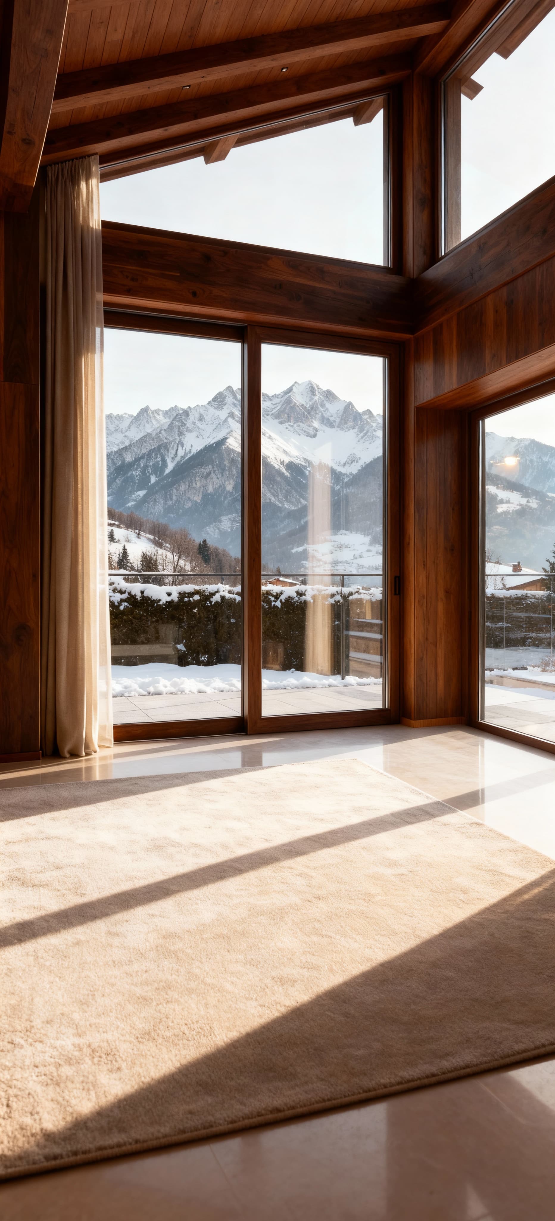 Appartamento elegante in Friuli Venezia Giulia, vista sulle Alpi Giulie, grandi finestre e interni luminosi, atmosfera accogliente.