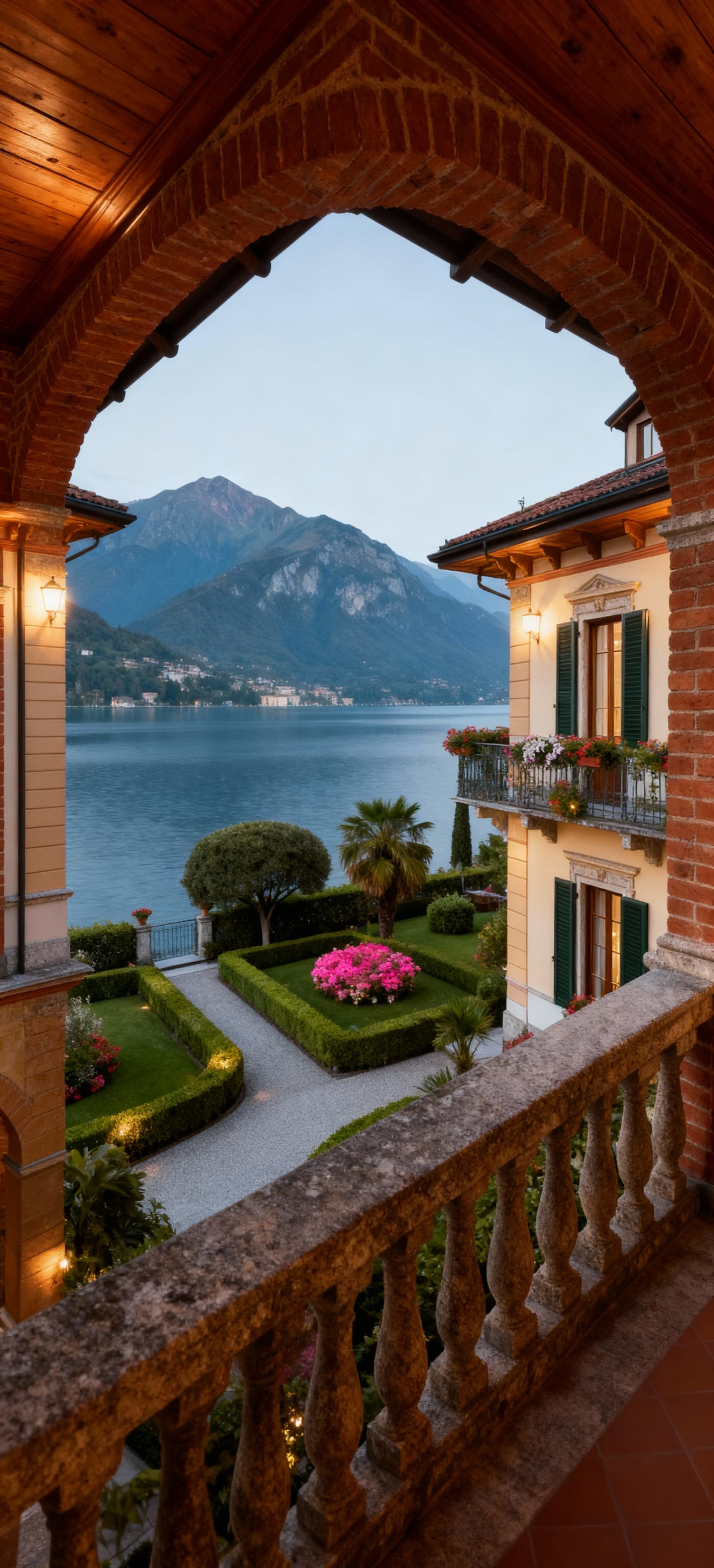 Albergo di lusso in vendita in Lombardia, elegante facciata storica, giardini curati, vista su lago e montagne.
