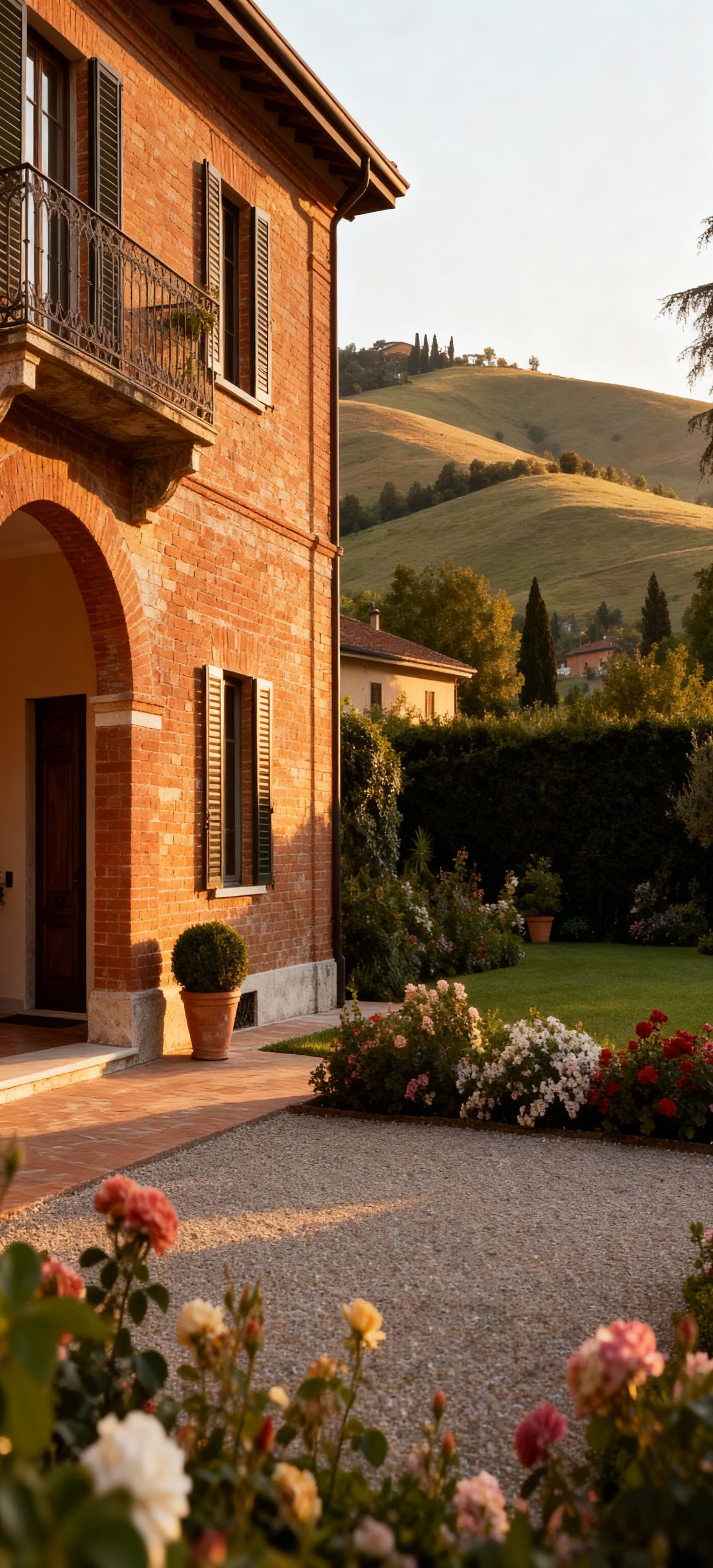 Residenza elegante a Piacenza con giardino fiorito, facciata in mattoni storici e luce del pomeriggio in un contesto sereno.