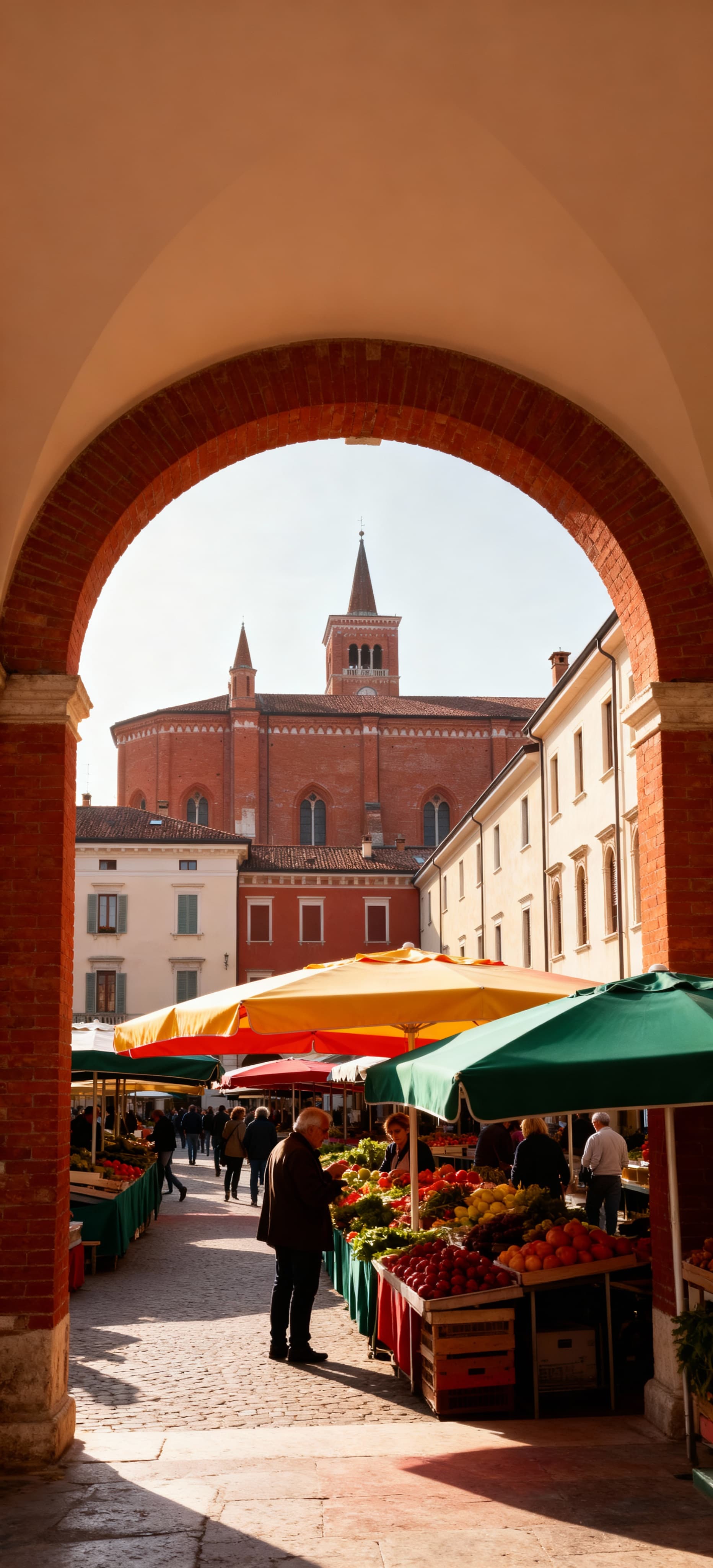 Scorcio mattutino di Pordenone, mercato che si anima tra storici palazzi, mattoni rossi e ombrelloni colorati.