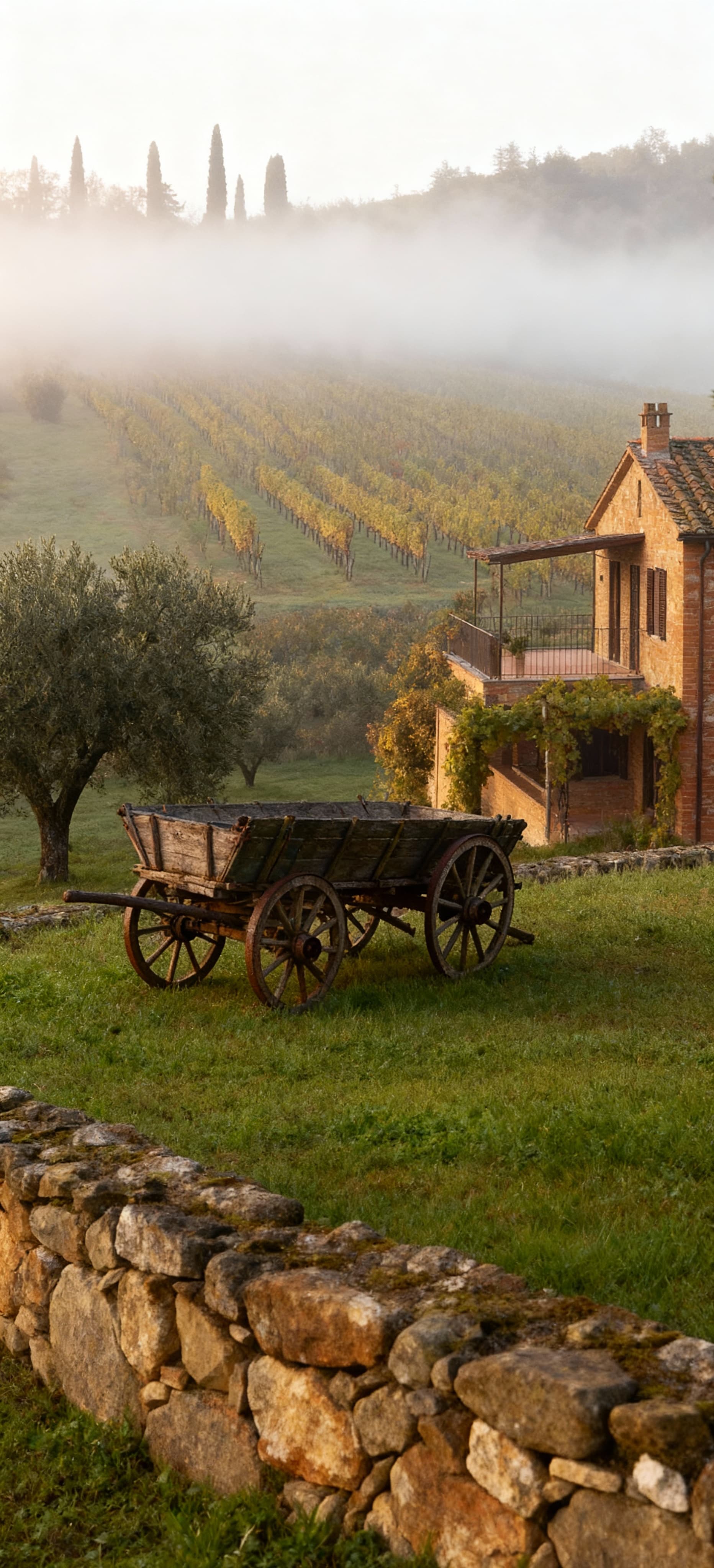 Agriturismo rustico in Toscana avvolto nella nebbia mattutina, con edifici in mattoni, uliveti e vigneti.