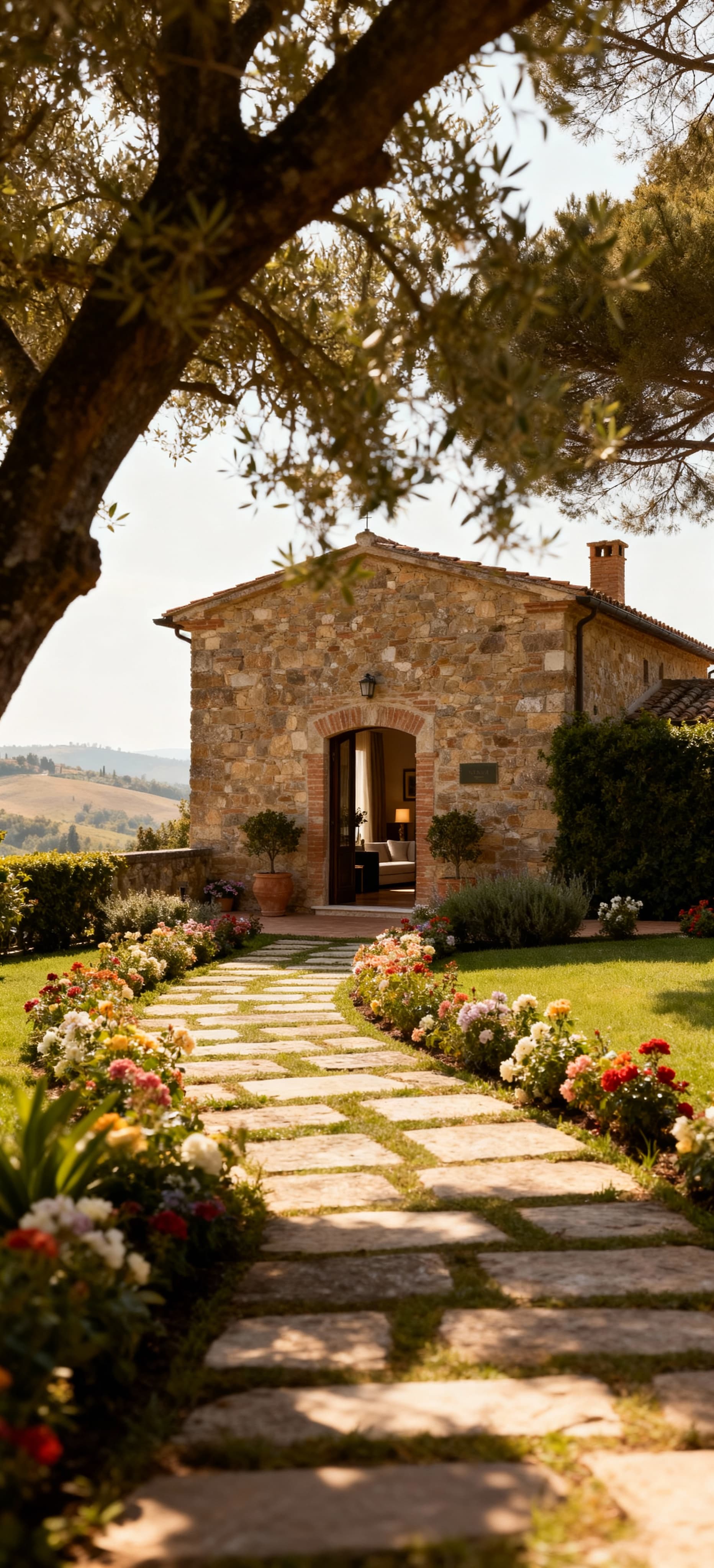 Albergo di lusso in Umbria, circondato da colline, con eleganti interni in pietra e dettagli fioriti nel giardino.