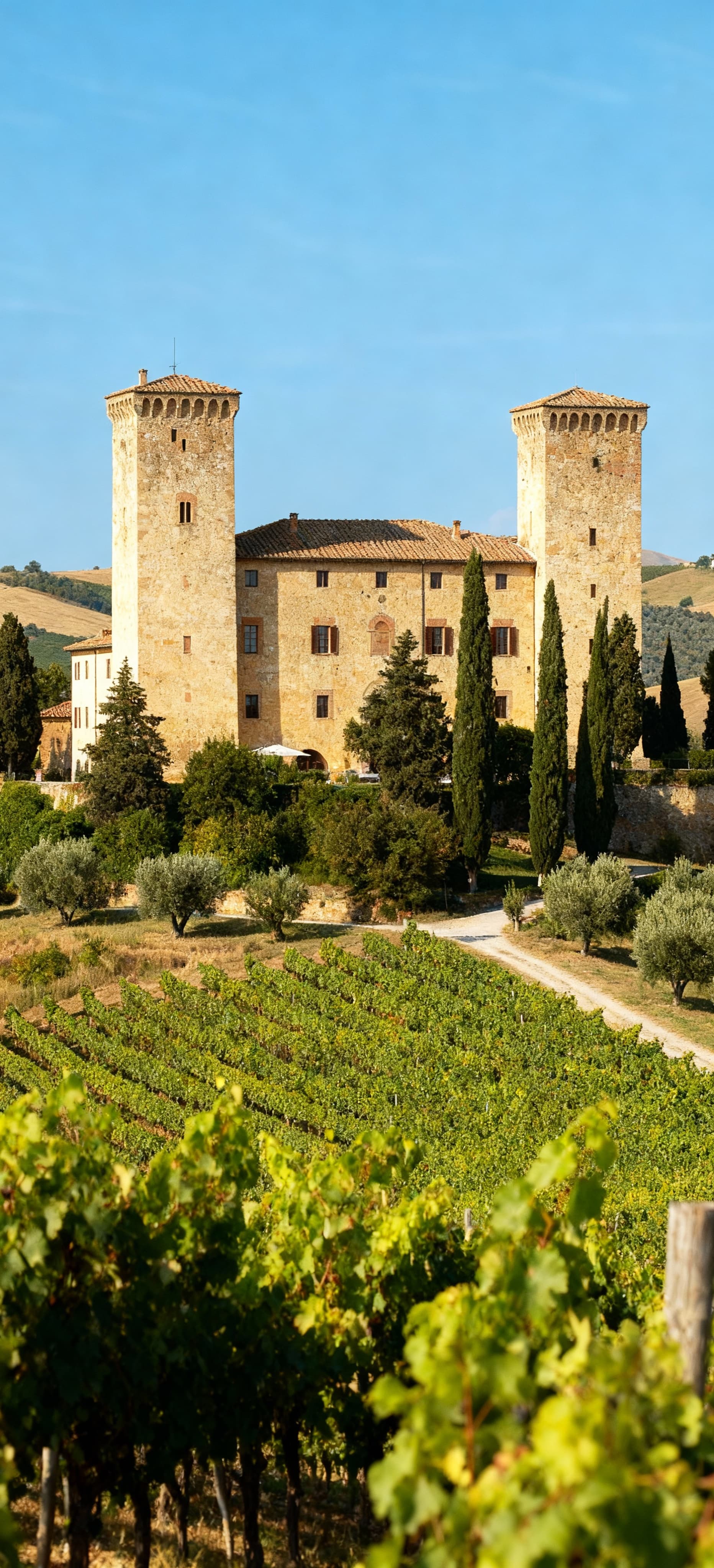 Castello in vendita in Toscana, circondato da vigneti e uliveti, con torri che svettano su dolci colline. Atmosfera serena.