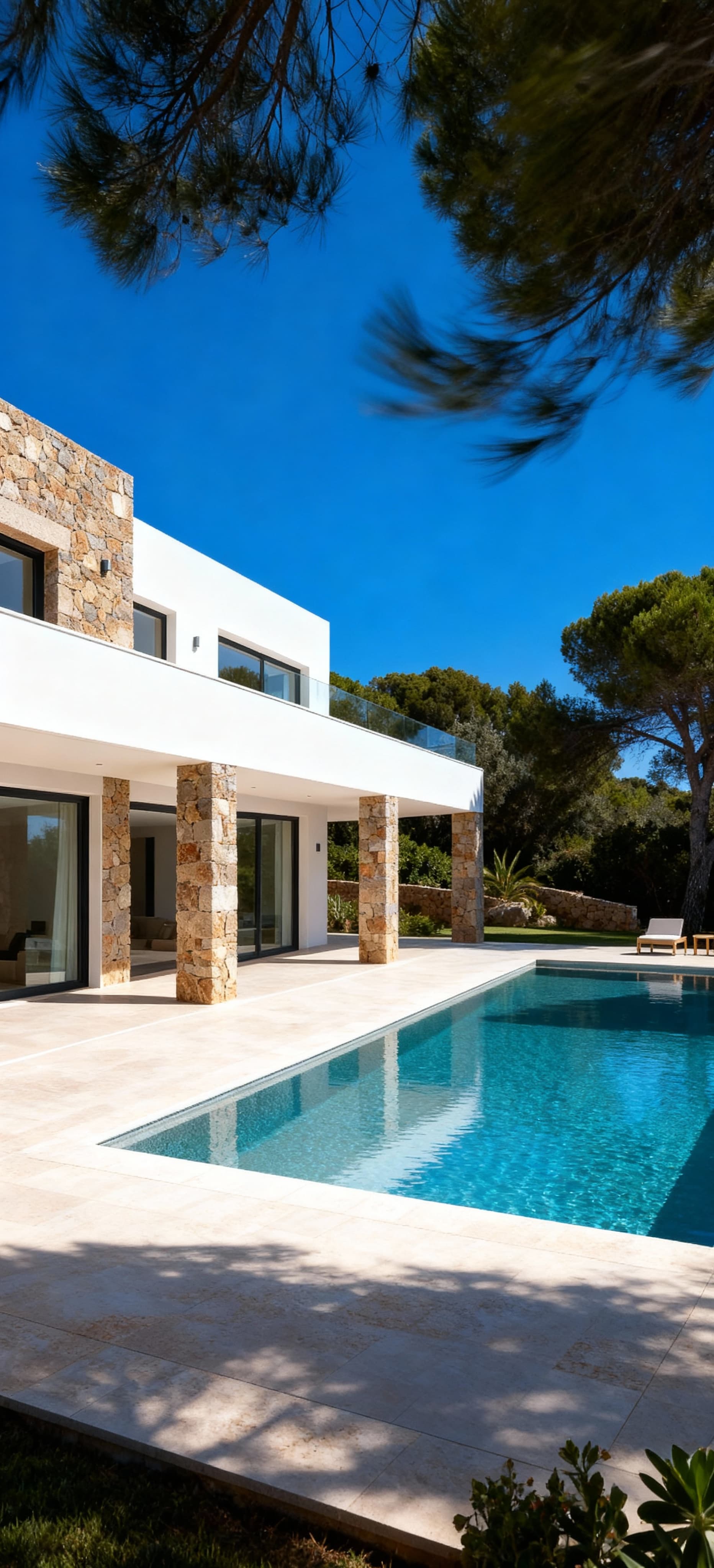 Elegante villa con design moderno in Sardegna, ampie terrazze e materiali in pietra e vetro immersi nella natura.