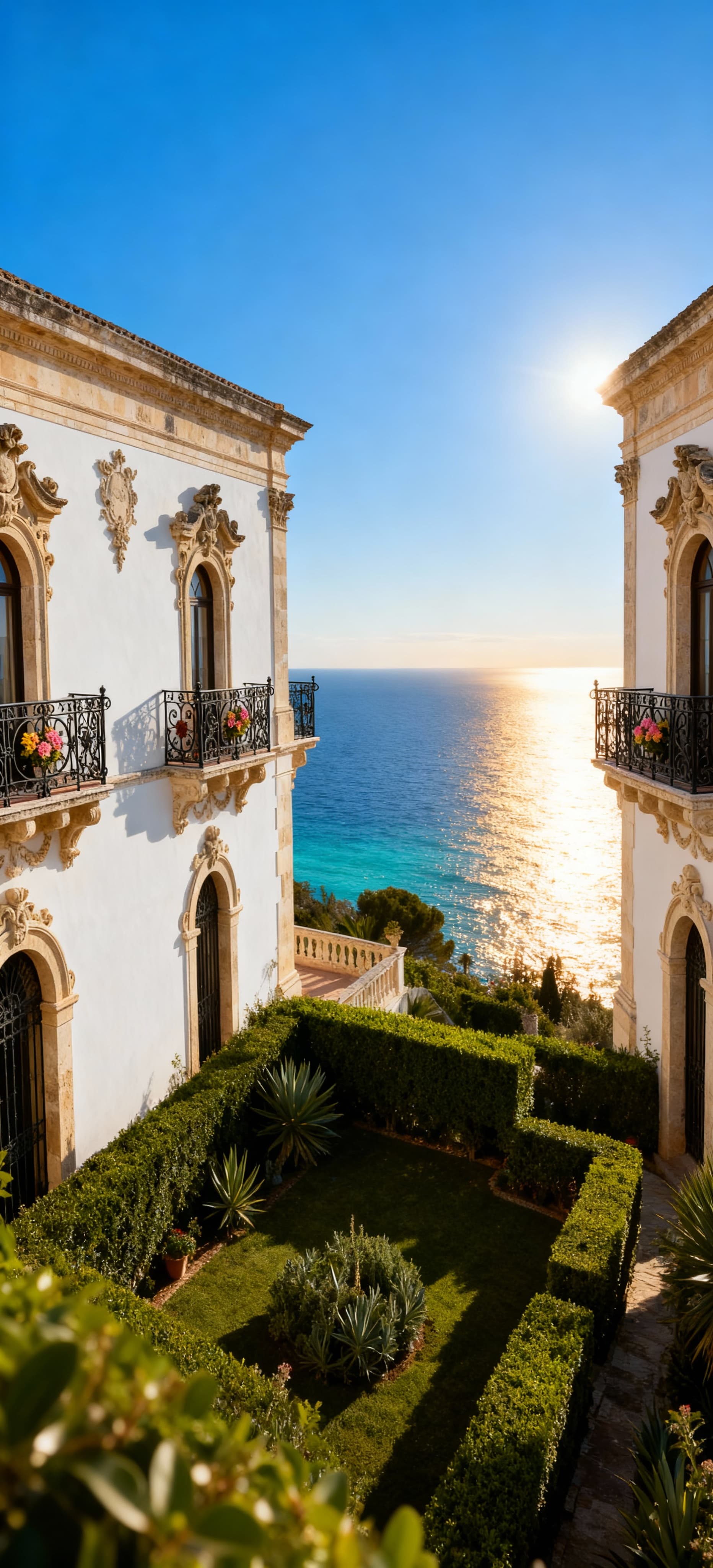 Elegante villa indipendente a Ragusa con vista sul mare blu, dettagli barocchi e giardini curati in un'atmosfera di lusso.