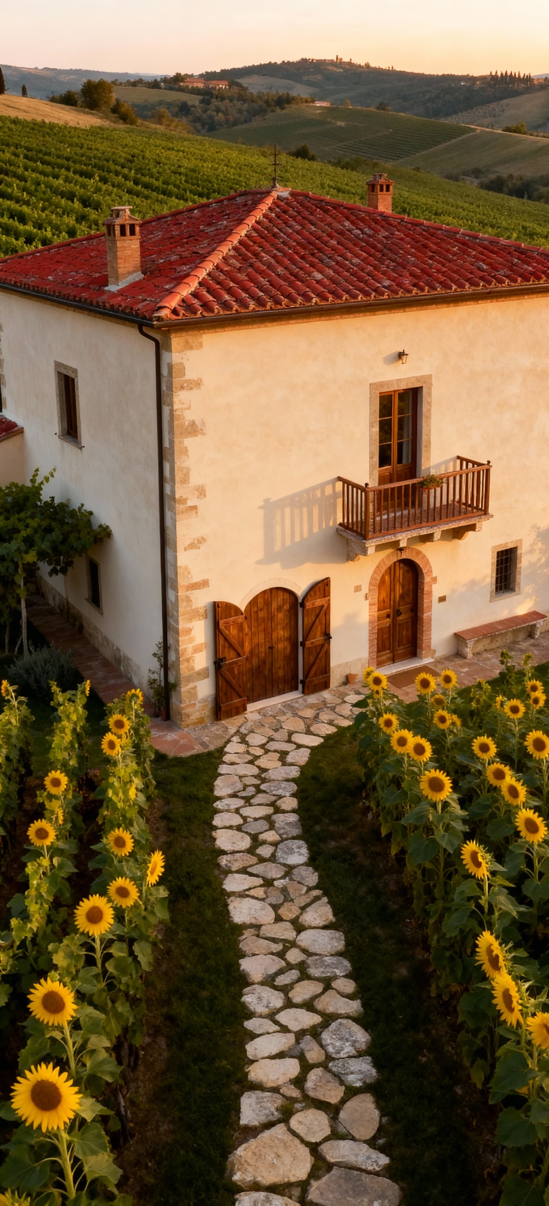 Case indipendenti a Siena: casale toscano con tetto in coppi rossi, circondato da vigneti e girasoli sotto la luce del tramonto.