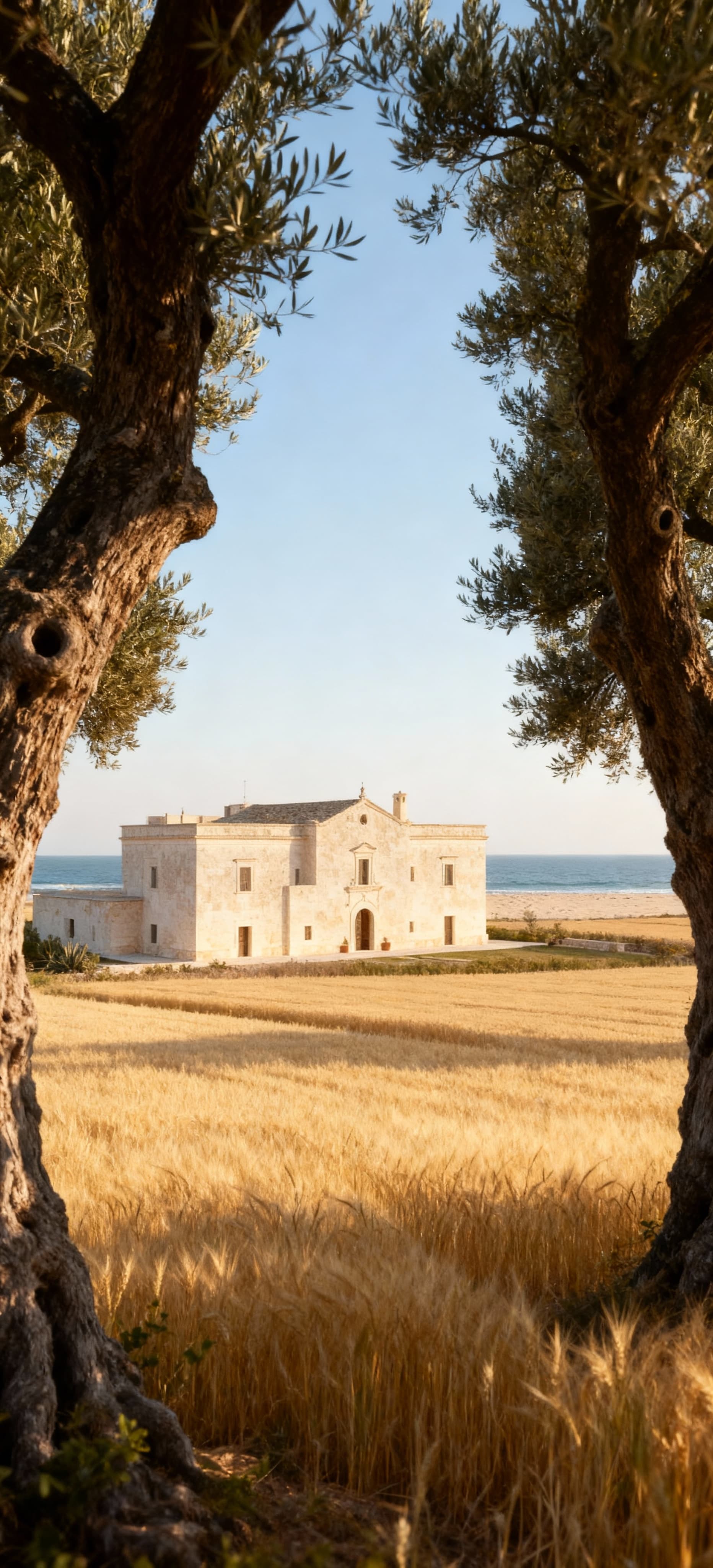 Masseria in vendita a Lecce, incastonata tra ulivi e campi dorati, con vista sul mare e luce mattutina.