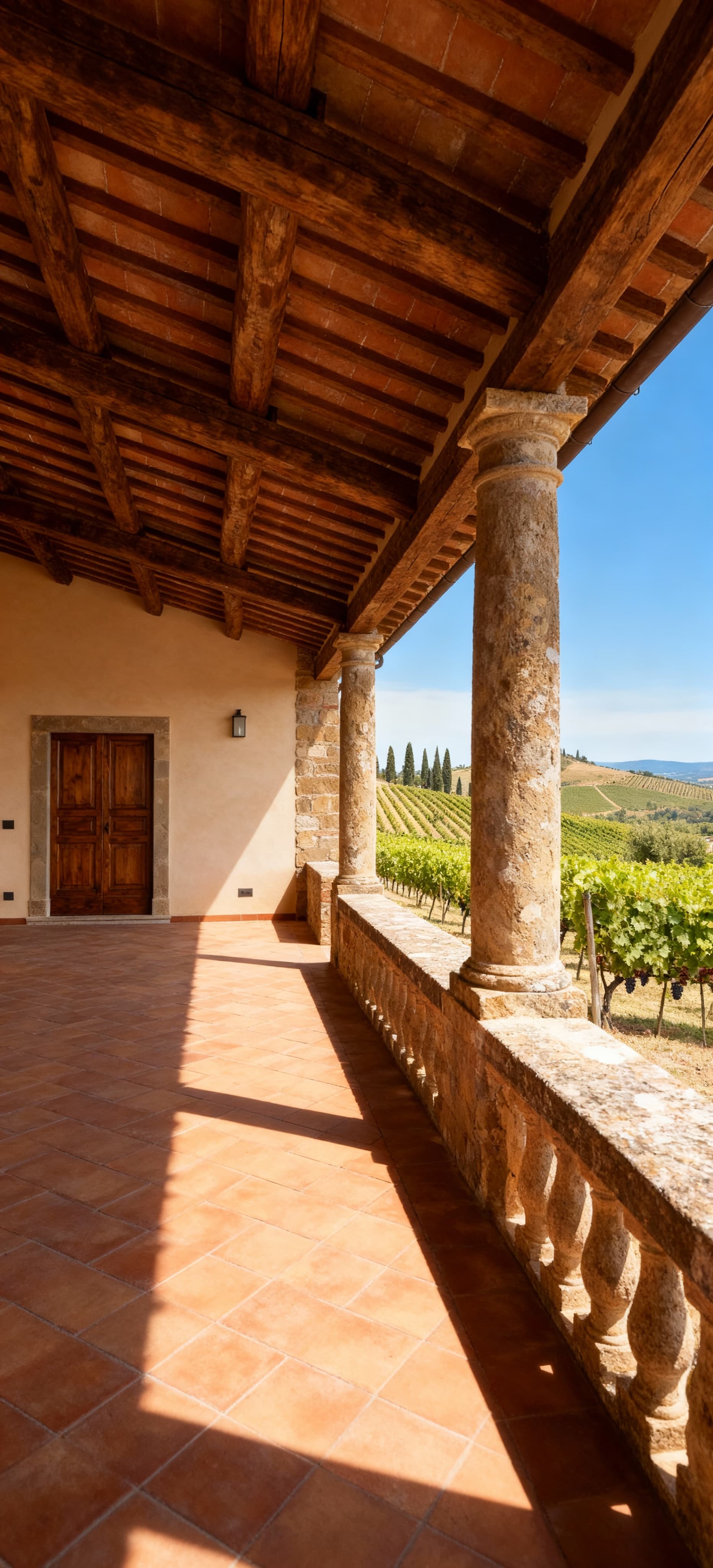 Colonica in pietra nel Chianti circondata da vigneti, con interni in legno e cotto, e un panorama collinare sotto un cielo blu.