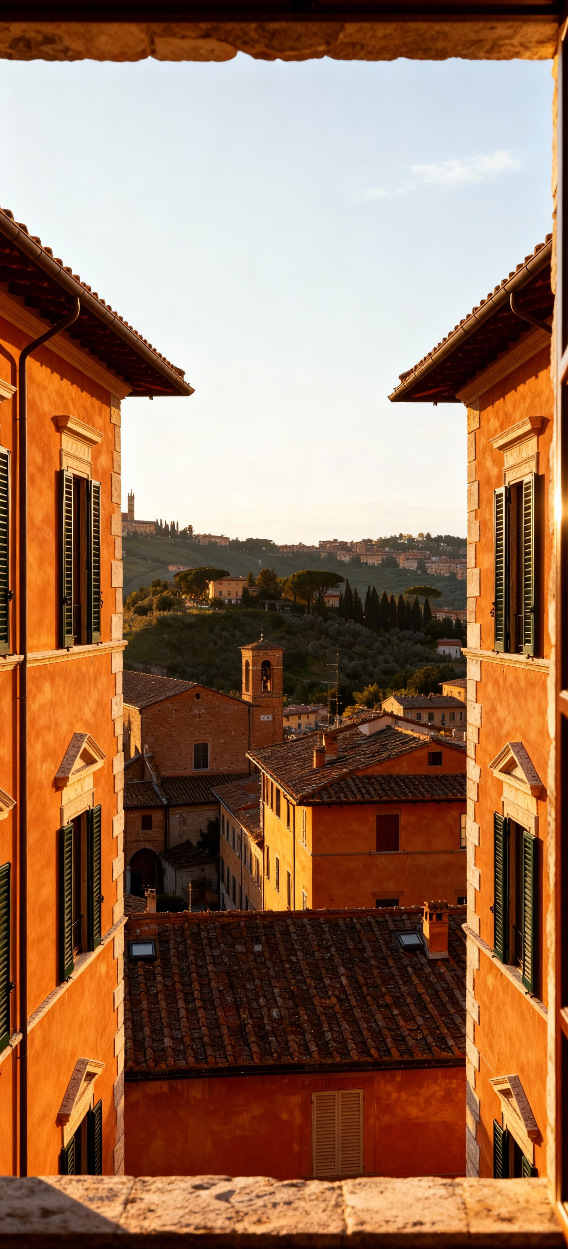 Elegante albergo in vendita a Siena con facciate in cotto, affacciato su colline e riflessi di luce mattutina.