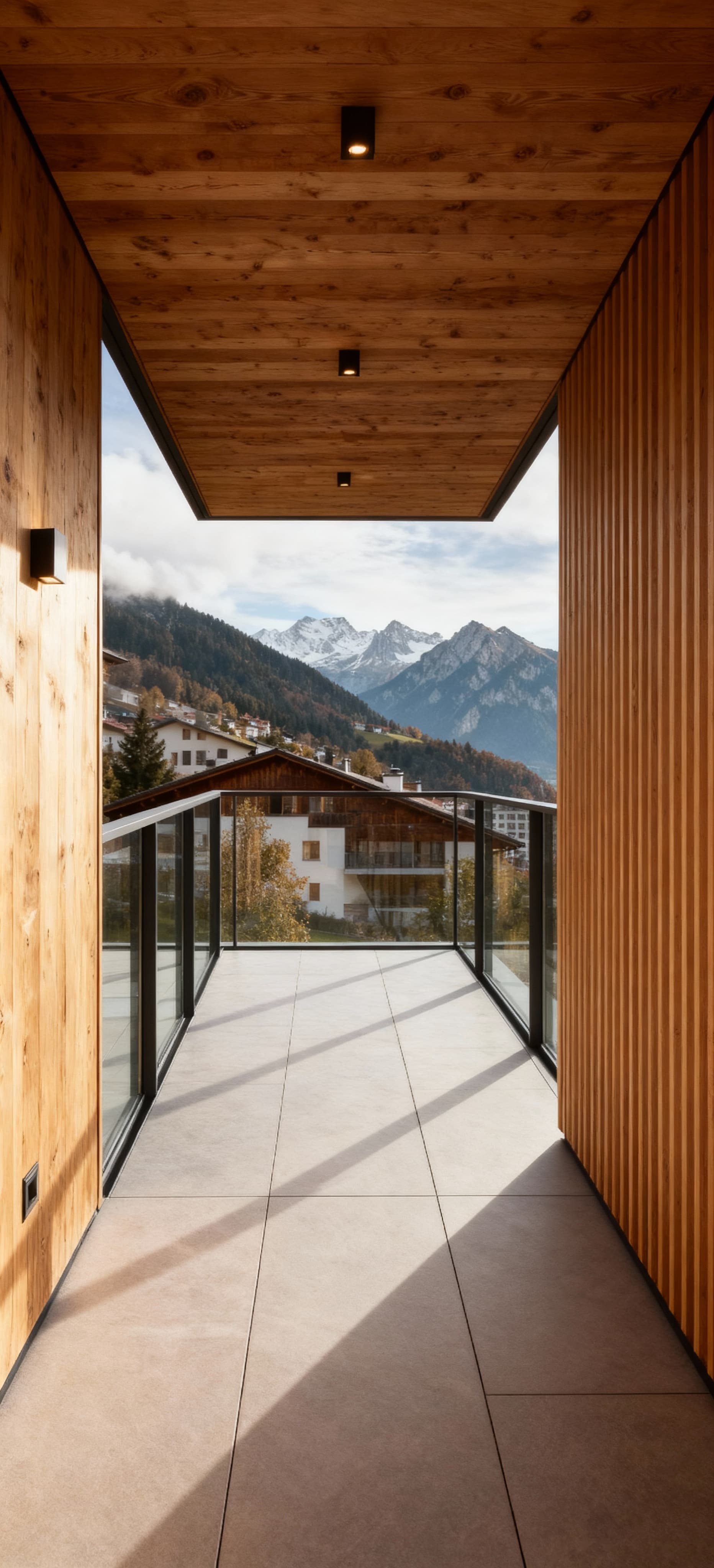Attico panoramico in vendita a Bolzano, con vista montana, architettura moderna e dettagli in legno naturale.