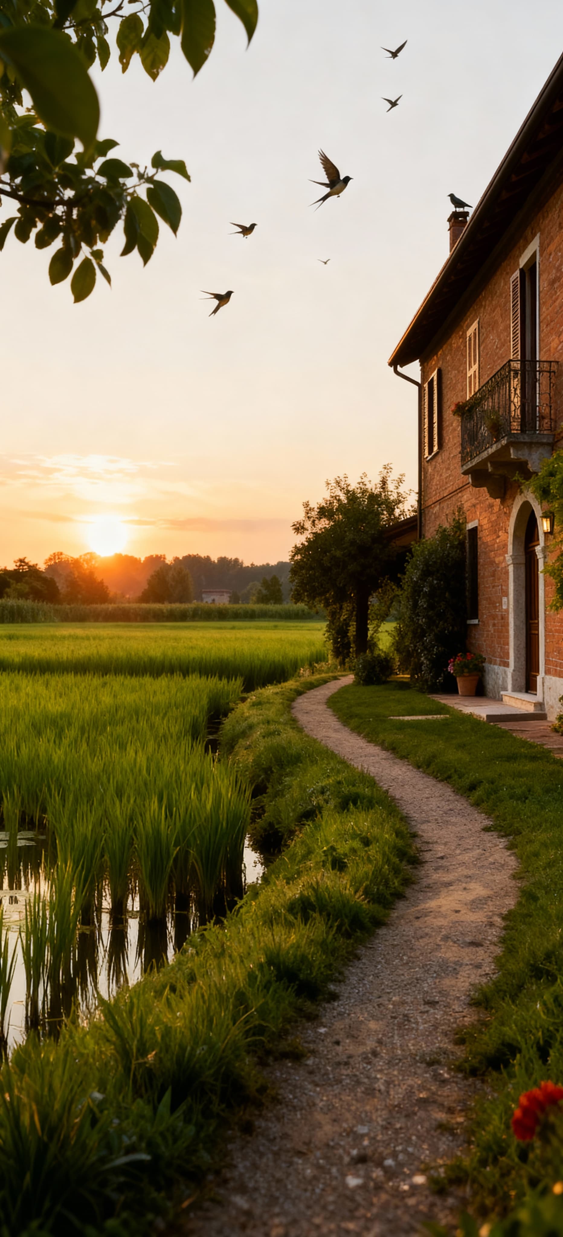 Casale in mattoni a Novara, circondato da risaie verdi e tramonto, evocando atmosfere piemontesi e tranquillità naturale.