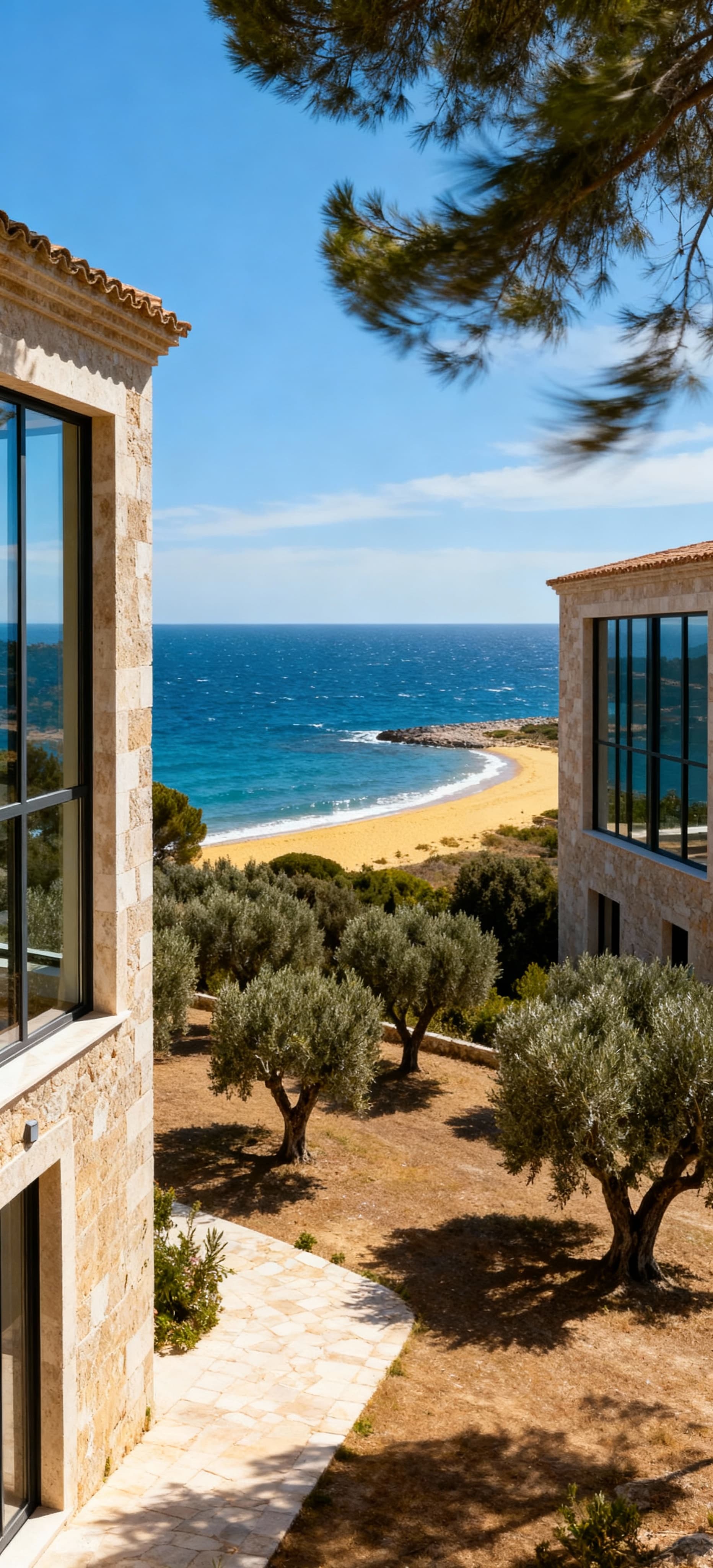 Rustico in vendita a Brindisi, vista panoramica su uliveti e mare, ampie finestre riflettono il cielo blu.