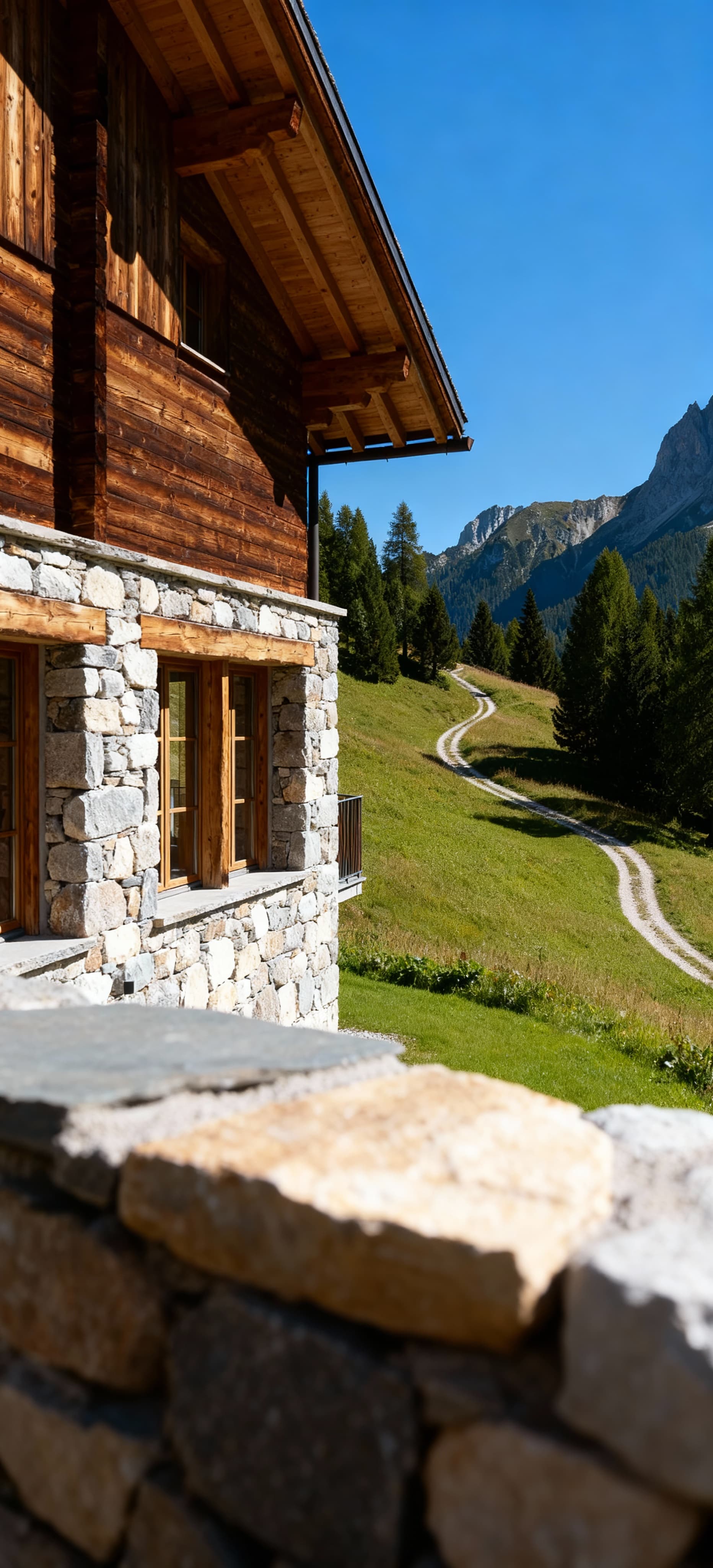 Elegante rifugio di montagna a Madonna di Campiglio, design in legno e pietra in un paesaggio naturale sereno.